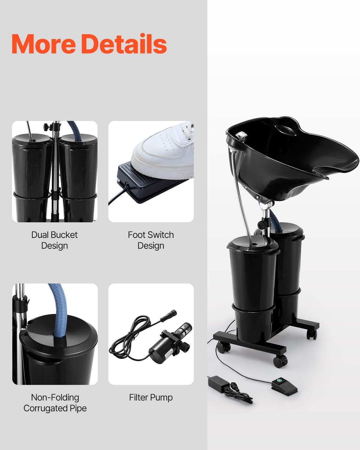 imageVEVOR Portable Shampoo Bowl Shampoo Sink for Washing Hair with Electric Pump Includes 2 Buckets 2 Showerheads Drain Hose Height and Angle Adjustable Portable Wash Bowl for Home Salon Use BlackHair sink wdouble bucket  foot switch