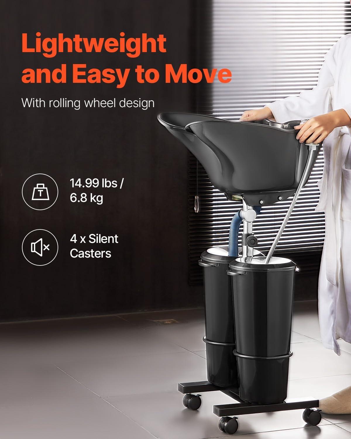 imageVEVOR Portable Shampoo Bowl Shampoo Sink for Washing Hair with Electric Pump Includes 2 Buckets 2 Showerheads Drain Hose Height and Angle Adjustable Portable Wash Bowl for Home Salon Use BlackHair sink wdouble bucket  foot switch