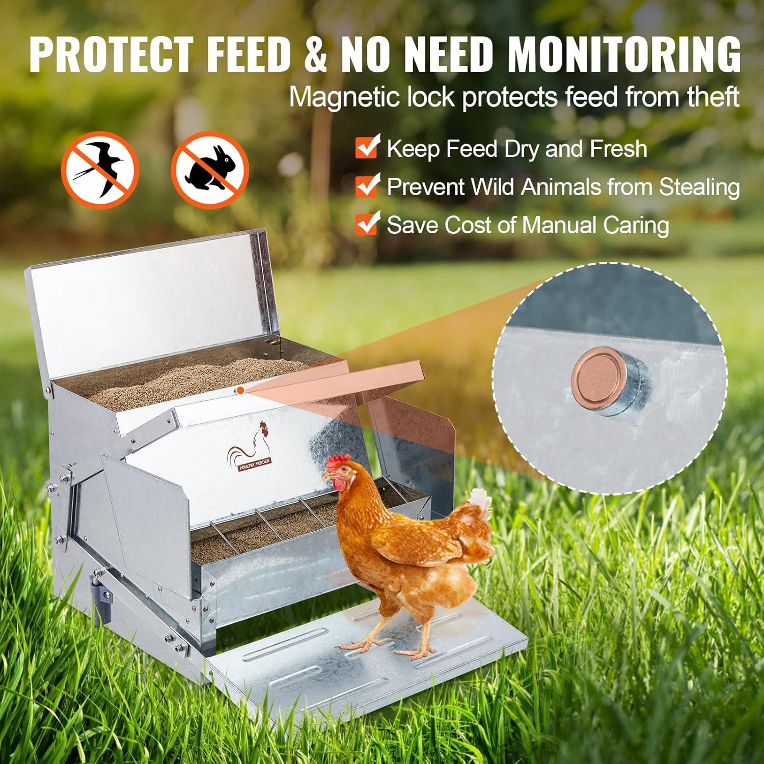 imageVEVOR Poultry Feeder 25lbs Capacity Feed Chicken Feeder with Lid ampamp Lock Outdoor Coop Food Dispenser No Waste Weatherproof Galvanized Metal Feeder for Ducks GeeseGalvanized