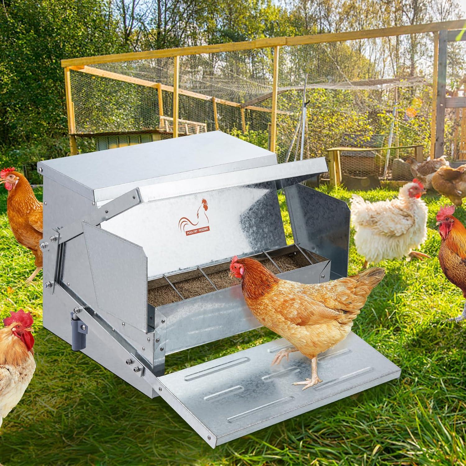 imageVEVOR Poultry Feeder 25lbs Capacity Feed Chicken Feeder with Lid ampamp Lock Outdoor Coop Food Dispenser No Waste Weatherproof Galvanized Metal Feeder for Ducks GeeseGalvanized
