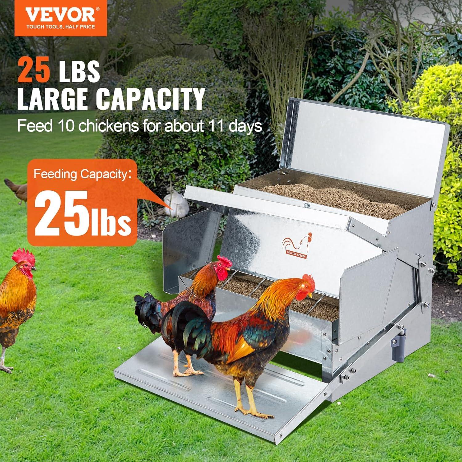 imageVEVOR Poultry Feeder 25lbs Capacity Feed Chicken Feeder with Lid ampamp Lock Outdoor Coop Food Dispenser No Waste Weatherproof Galvanized Metal Feeder for Ducks GeeseGalvanized