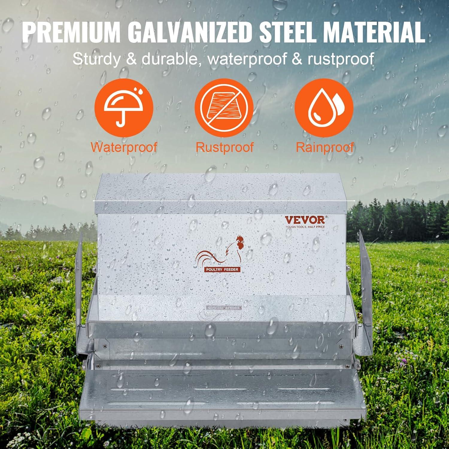 imageVEVOR Poultry Feeder 25lbs Capacity Feed Chicken Feeder with Lid ampamp Lock Outdoor Coop Food Dispenser No Waste Weatherproof Galvanized Metal Feeder for Ducks GeeseGalvanized