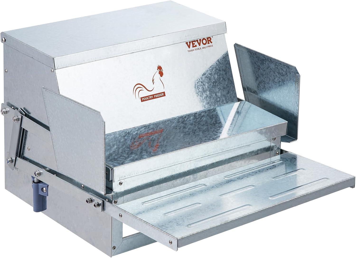 imageVEVOR Poultry Feeder 25lbs Capacity Feed Chicken Feeder with Lid ampamp Lock Outdoor Coop Food Dispenser No Waste Weatherproof Galvanized Metal Feeder for Ducks GeeseGalvanized