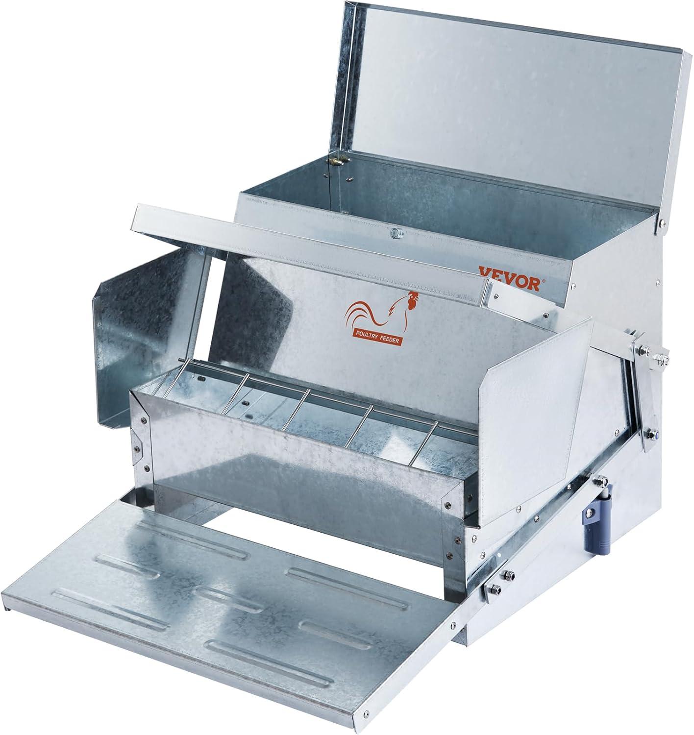 imageVEVOR Poultry Feeder 25lbs Capacity Feed Chicken Feeder with Lid ampamp Lock Outdoor Coop Food Dispenser No Waste Weatherproof Galvanized Metal Feeder for Ducks GeeseGalvanized