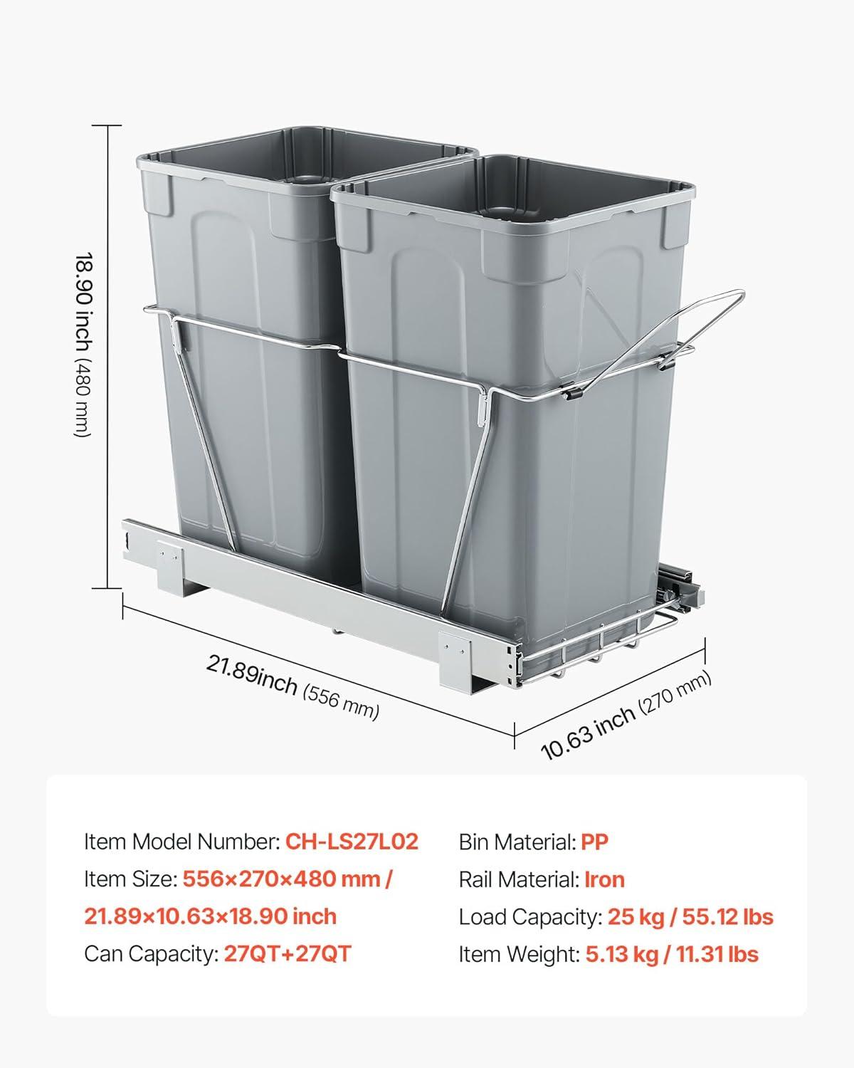 imageVEVOR PullOut Trash Can 27 QT x2 Double Under Mount Kitchen Waste Container Heavy Duty Garbage Recycling Bin with Door Kit and Soft Close Slide for Kitchen Cabinet Sink Under Counter Grey54QT27QTx2