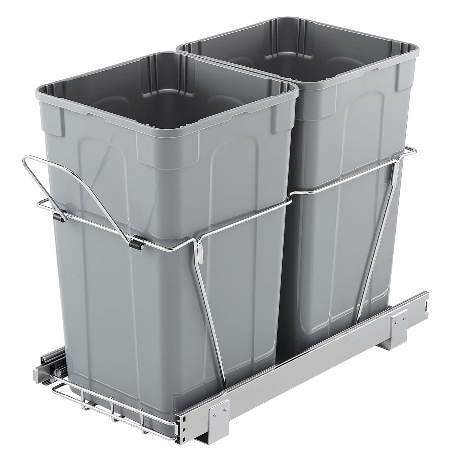 imageVEVOR PullOut Trash Can 27 QT x2 Double Under Mount Kitchen Waste Container Heavy Duty Garbage Recycling Bin with Door Kit and Soft Close Slide for Kitchen Cabinet Sink Under Counter Grey54QT27QTx2
