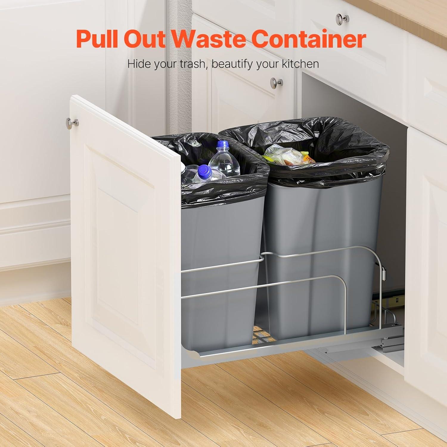 imageVEVOR PullOut Trash Can 27 QT x2 Double Under Mount Kitchen Waste Container Heavy Duty Garbage Recycling Bin with Door Kit and Soft Close Slide for Kitchen Cabinet Sink Under Counter Grey54QT