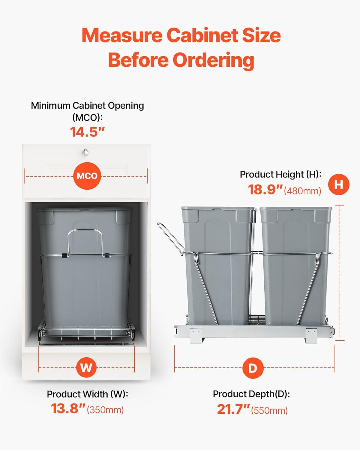 imageVEVOR PullOut Trash Can 27 QT x2 Double Under Mount Kitchen Waste Container Heavy Duty Garbage Recycling Bin with Door Kit and Soft Close Slide for Kitchen Cabinet Sink Under Counter Grey70QT35QTx2