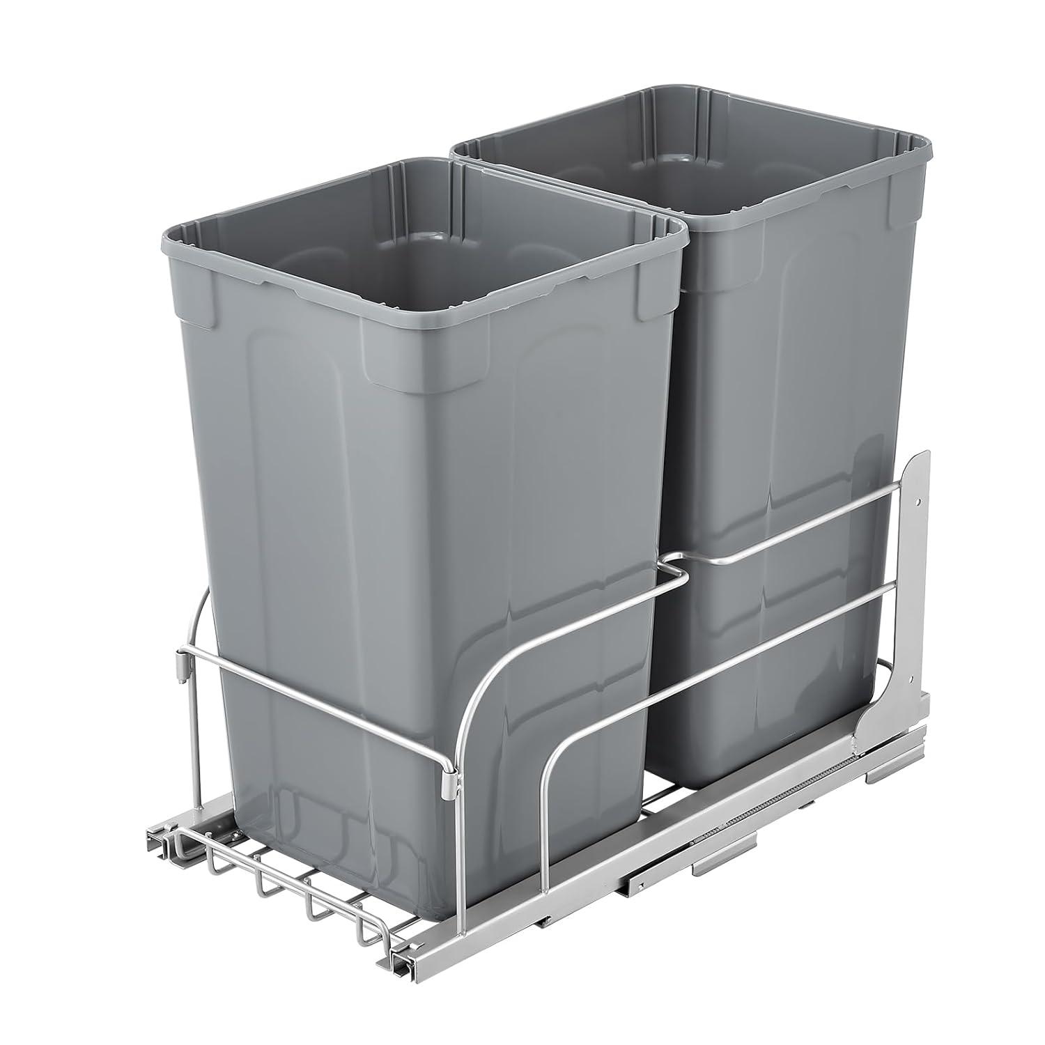 imageVEVOR PullOut Trash Can 27 QT x2 Double Under Mount Kitchen Waste Container Heavy Duty Garbage Recycling Bin with Door Kit and Soft Close Slide for Kitchen Cabinet Sink Under Counter Grey54QT