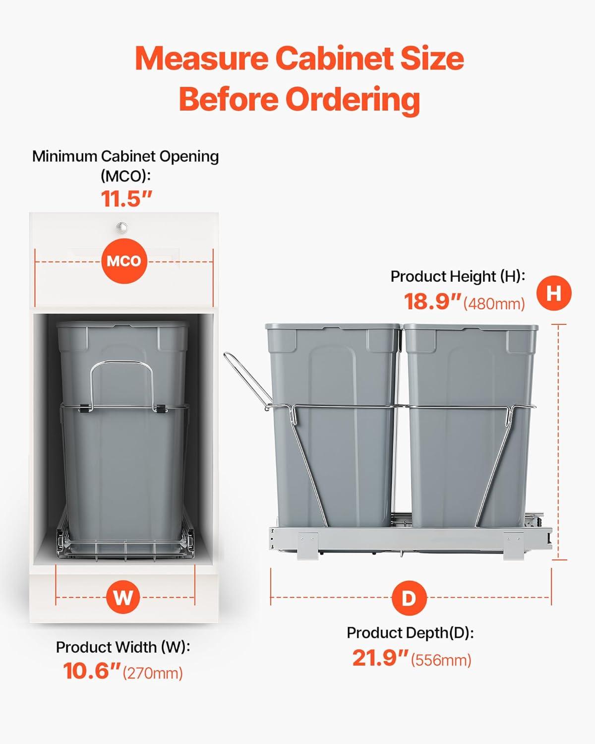 imageVEVOR PullOut Trash Can 27 QT x2 Double Under Mount Kitchen Waste Container Heavy Duty Garbage Recycling Bin with Door Kit and Soft Close Slide for Kitchen Cabinet Sink Under Counter Grey54QT27QTx2