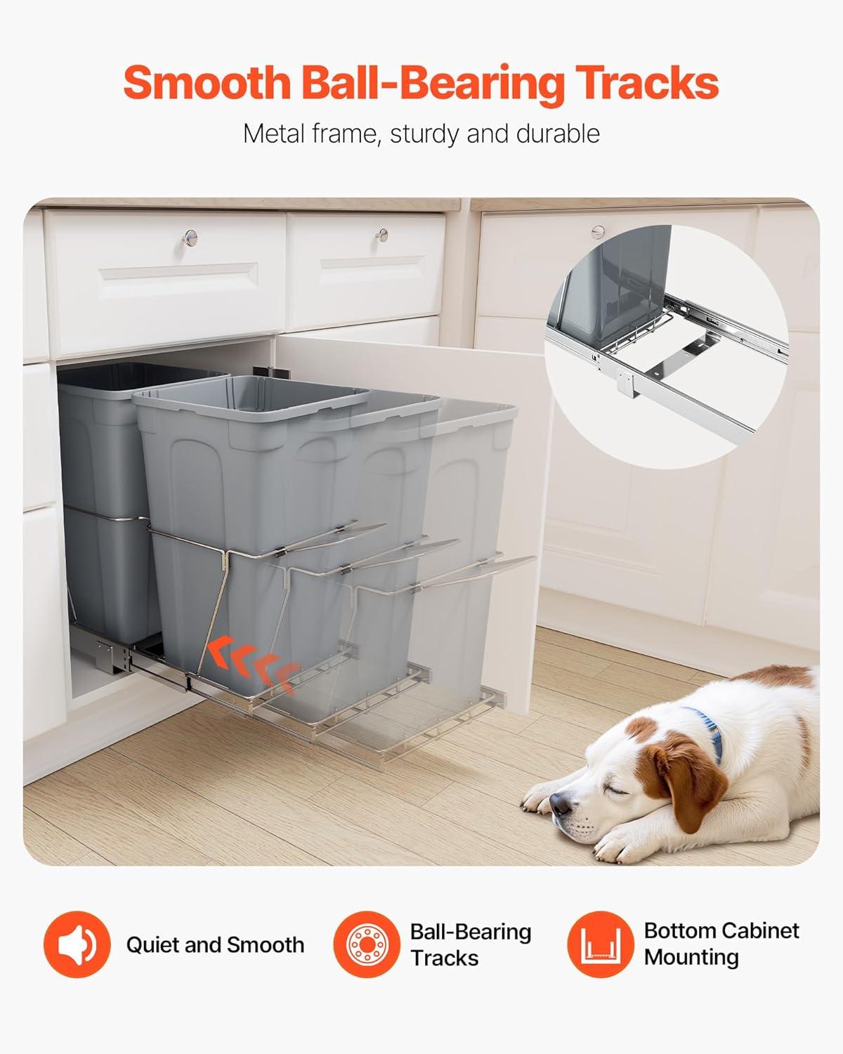 imageVEVOR PullOut Trash Can 27 QT x2 Double Under Mount Kitchen Waste Container Heavy Duty Garbage Recycling Bin with Door Kit and Soft Close Slide for Kitchen Cabinet Sink Under Counter Grey54QT27QTx2