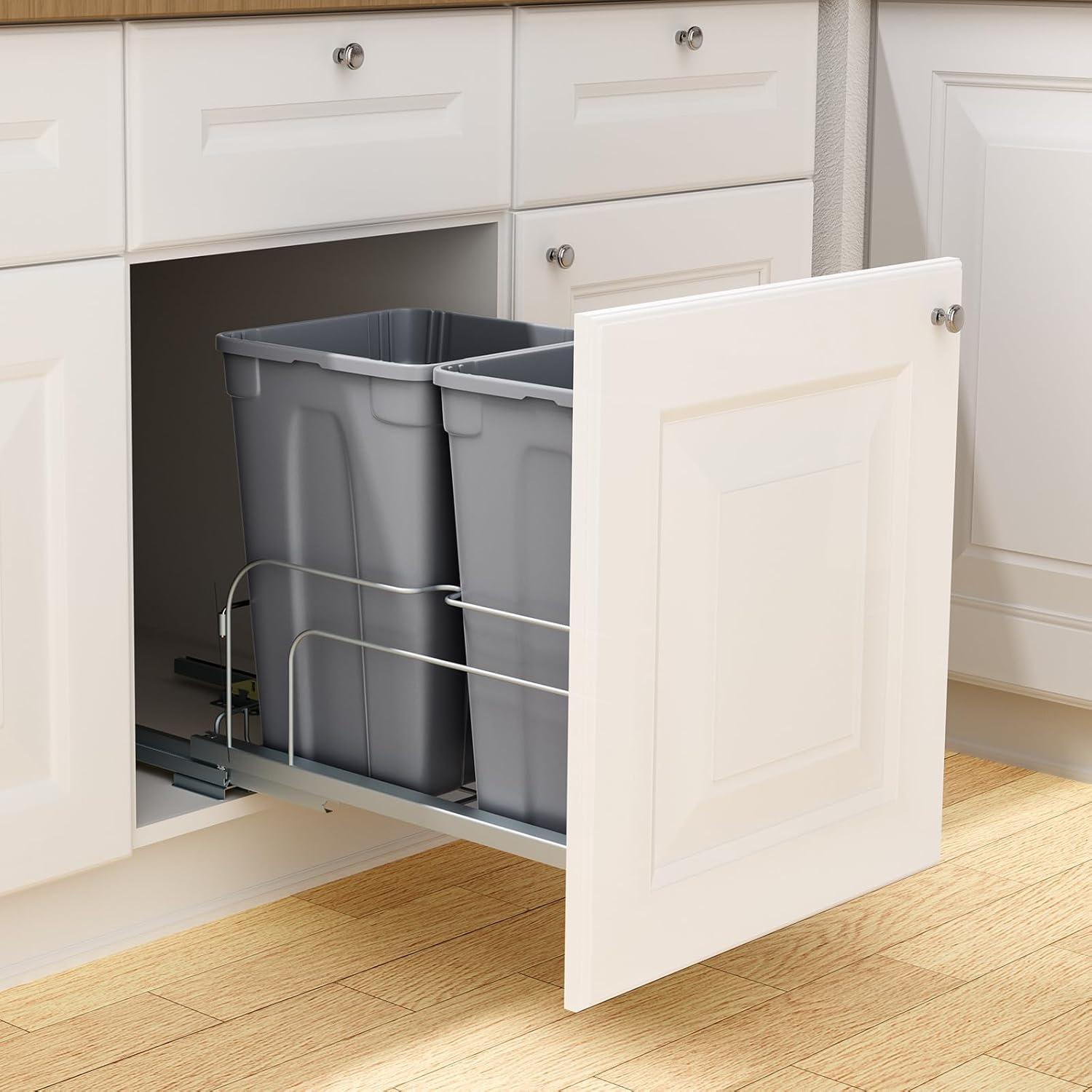 imageVEVOR PullOut Trash Can 27 QT x2 Double Under Mount Kitchen Waste Container Heavy Duty Garbage Recycling Bin with Door Kit and Soft Close Slide for Kitchen Cabinet Sink Under Counter Grey54QT
