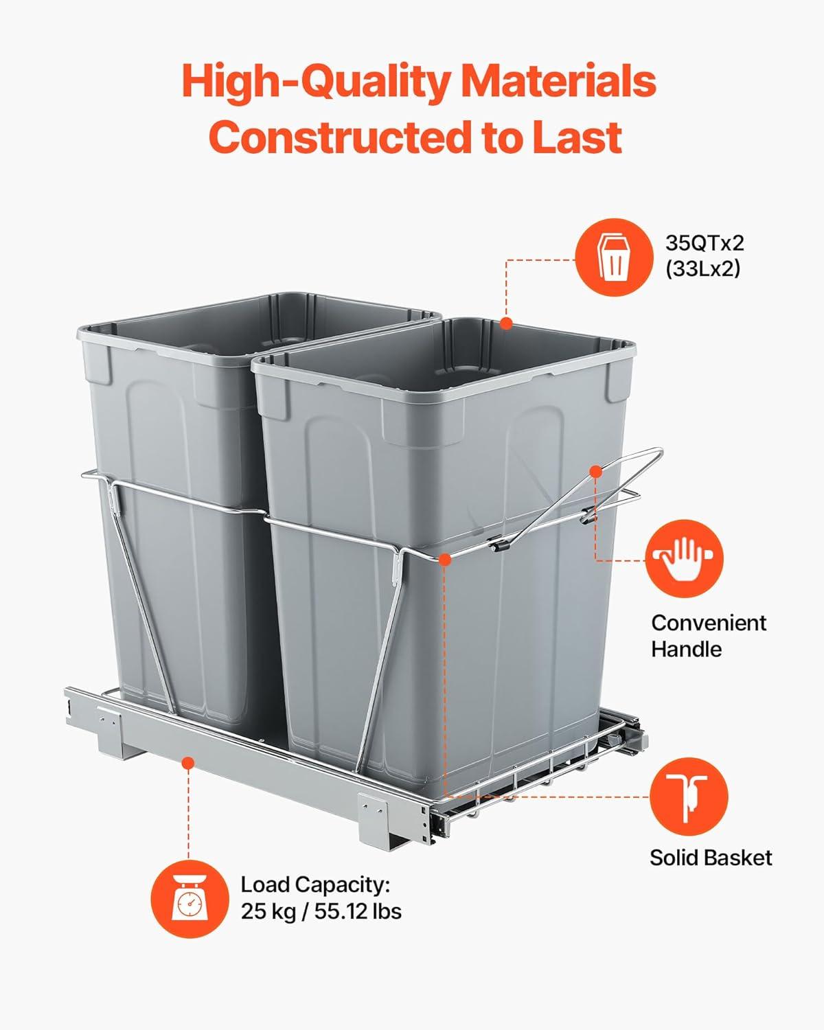 imageVEVOR PullOut Trash Can 27 QT x2 Double Under Mount Kitchen Waste Container Heavy Duty Garbage Recycling Bin with Door Kit and Soft Close Slide for Kitchen Cabinet Sink Under Counter Grey70QT35QTx2
