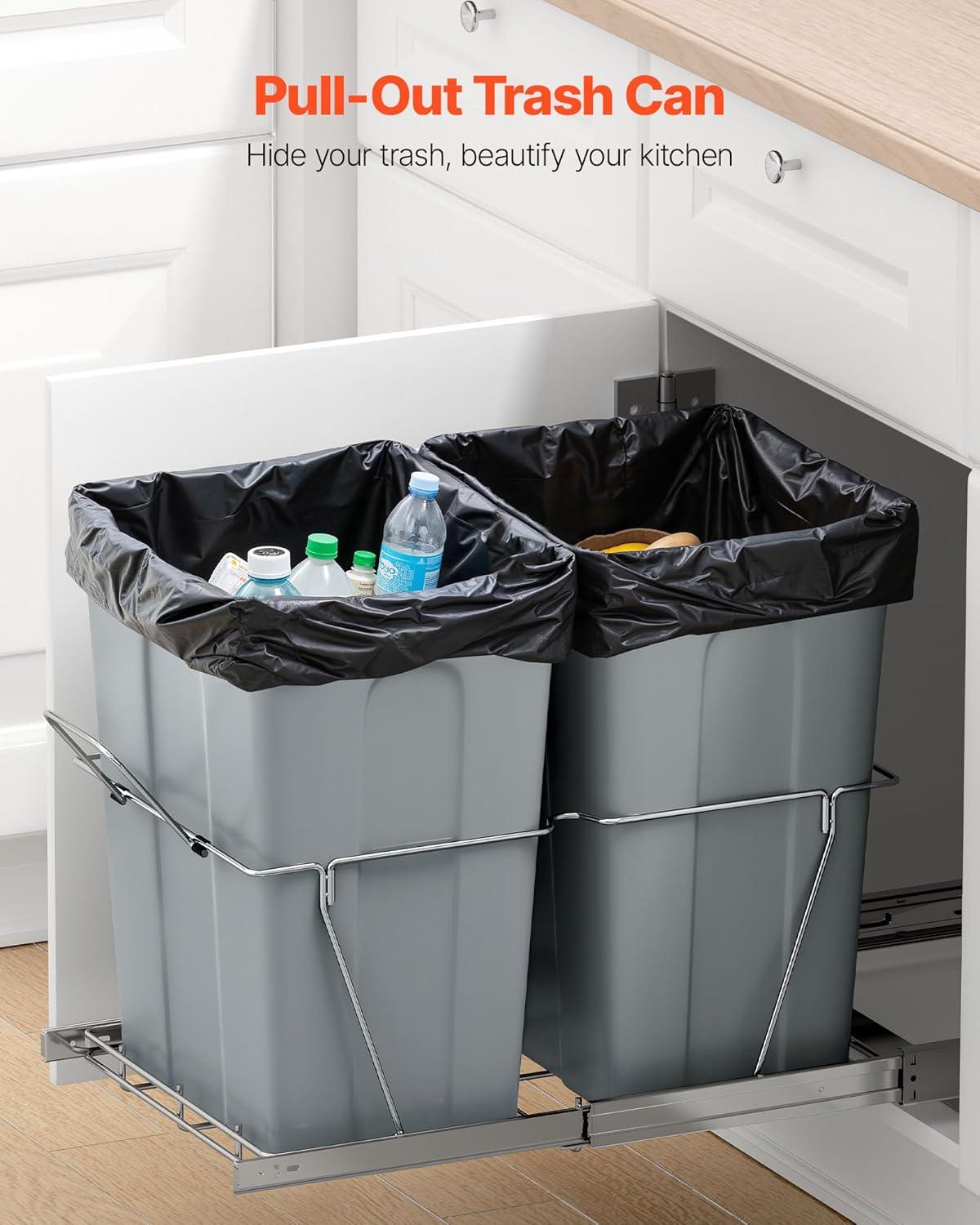 imageVEVOR PullOut Trash Can 27 QT x2 Double Under Mount Kitchen Waste Container Heavy Duty Garbage Recycling Bin with Door Kit and Soft Close Slide for Kitchen Cabinet Sink Under Counter Grey70QT35QTx2