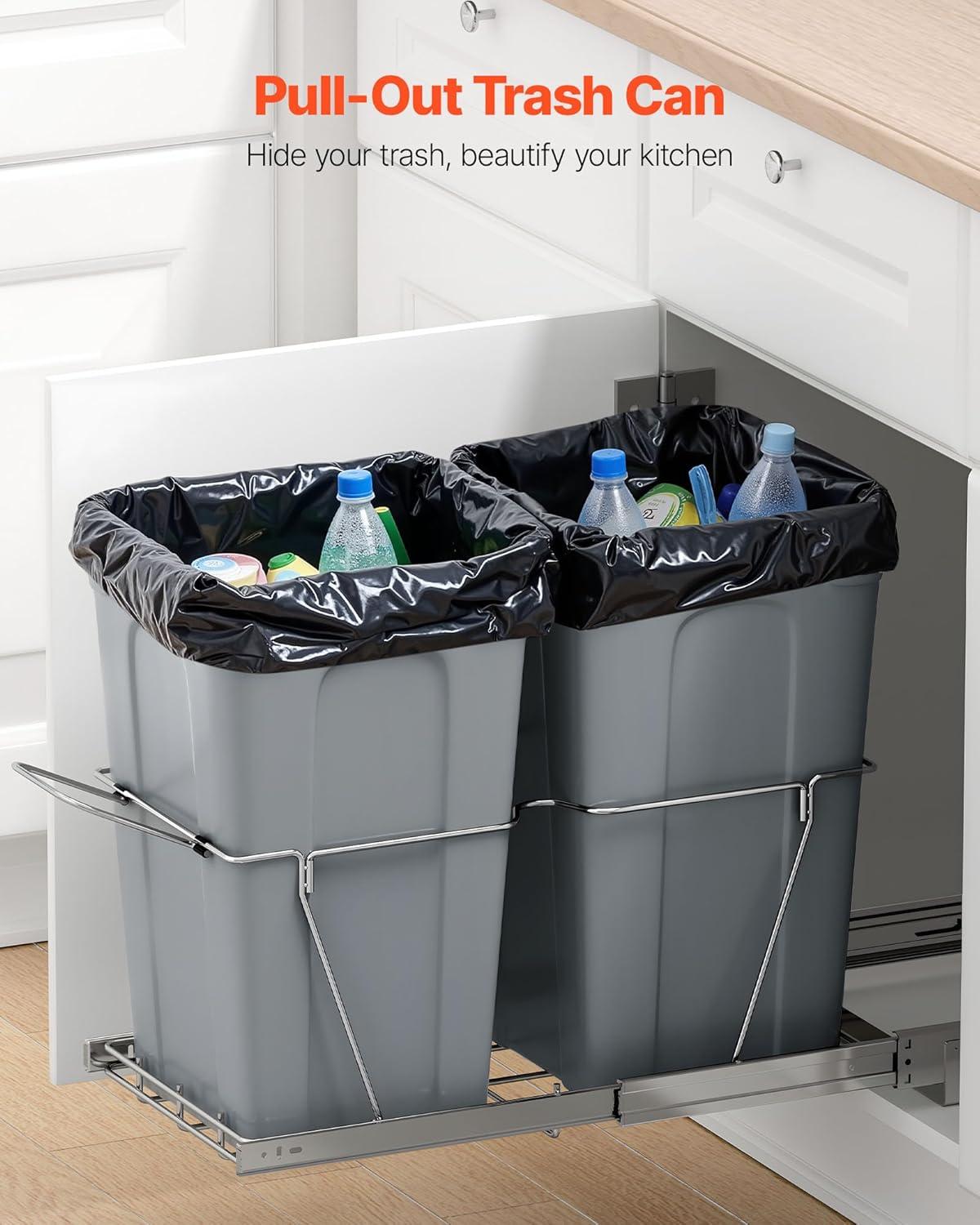 imageVEVOR PullOut Trash Can 27 QT x2 Double Under Mount Kitchen Waste Container Heavy Duty Garbage Recycling Bin with Door Kit and Soft Close Slide for Kitchen Cabinet Sink Under Counter Grey54QT27QTx2