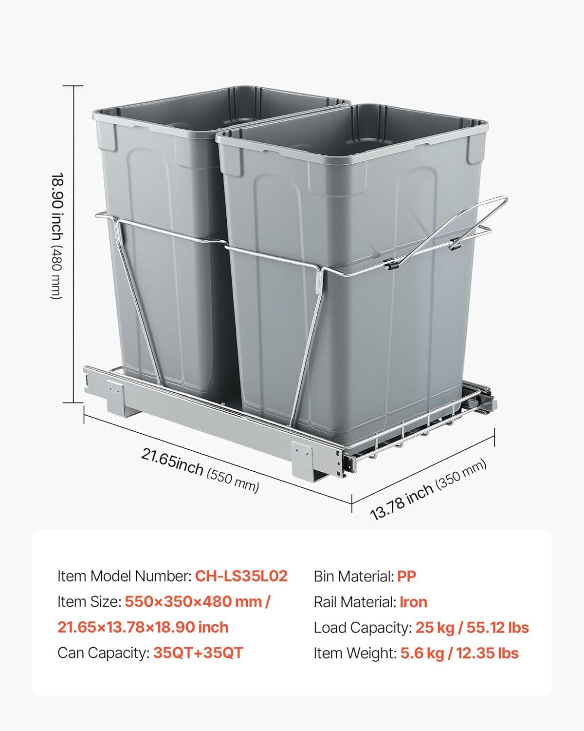 imageVEVOR PullOut Trash Can 27 QT x2 Double Under Mount Kitchen Waste Container Heavy Duty Garbage Recycling Bin with Door Kit and Soft Close Slide for Kitchen Cabinet Sink Under Counter Grey70QT35QTx2
