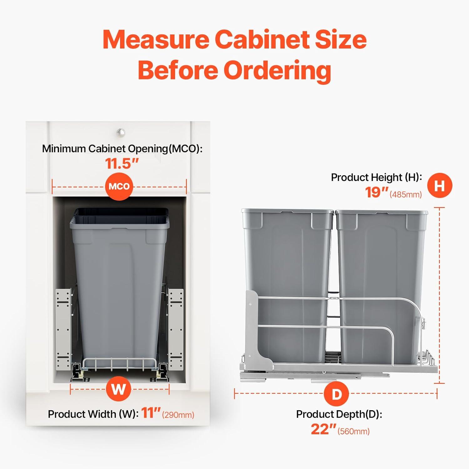imageVEVOR PullOut Trash Can 27 QT x2 Double Under Mount Kitchen Waste Container Heavy Duty Garbage Recycling Bin with Door Kit and Soft Close Slide for Kitchen Cabinet Sink Under Counter Grey54QT