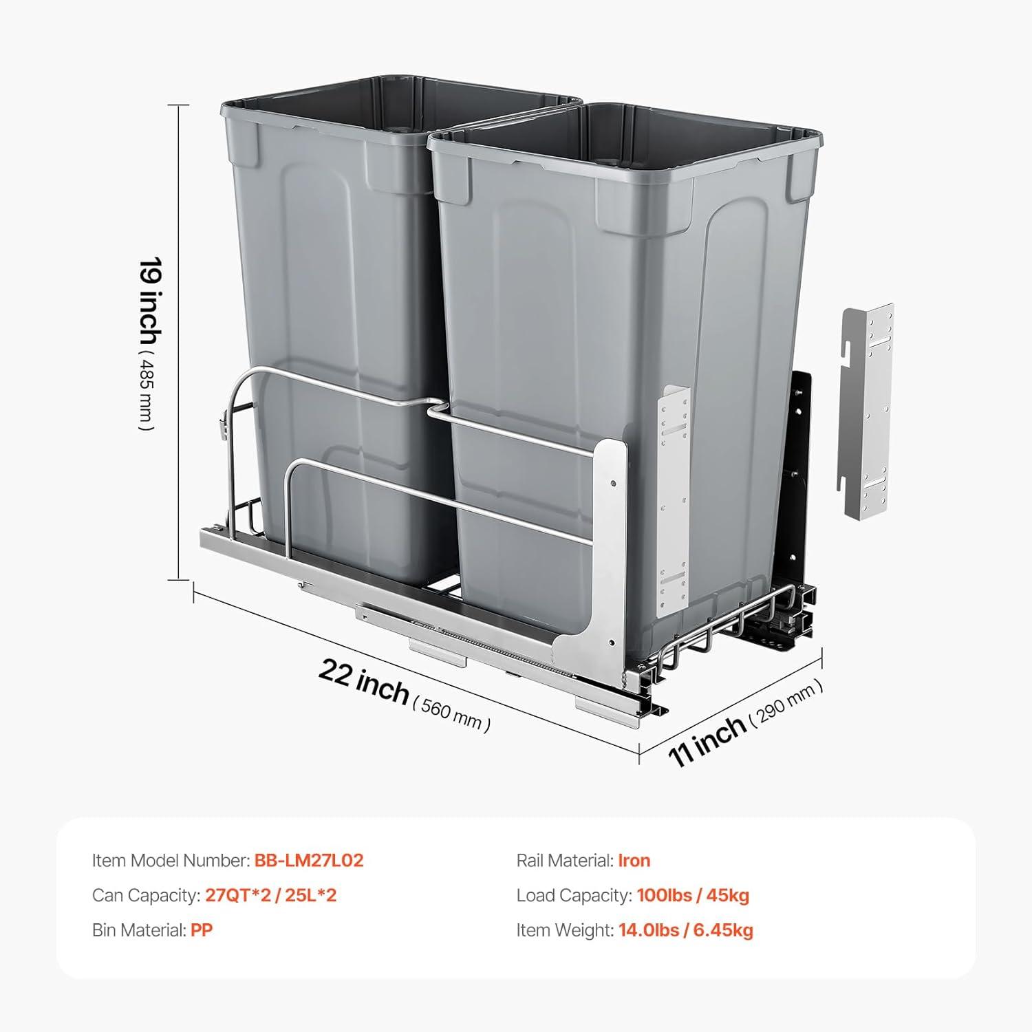imageVEVOR PullOut Trash Can 27 QT x2 Double Under Mount Kitchen Waste Container Heavy Duty Garbage Recycling Bin with Door Kit and Soft Close Slide for Kitchen Cabinet Sink Under Counter Grey54QT