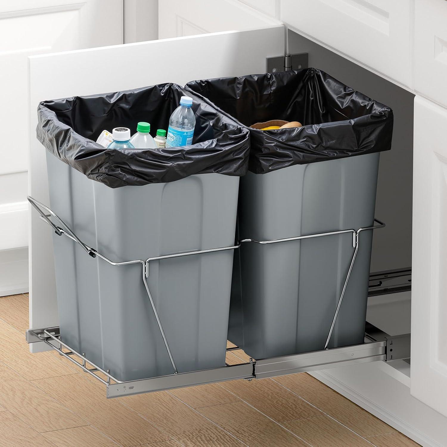 imageVEVOR PullOut Trash Can 27 QT x2 Double Under Mount Kitchen Waste Container Heavy Duty Garbage Recycling Bin with Door Kit and Soft Close Slide for Kitchen Cabinet Sink Under Counter Grey70QT35QTx2