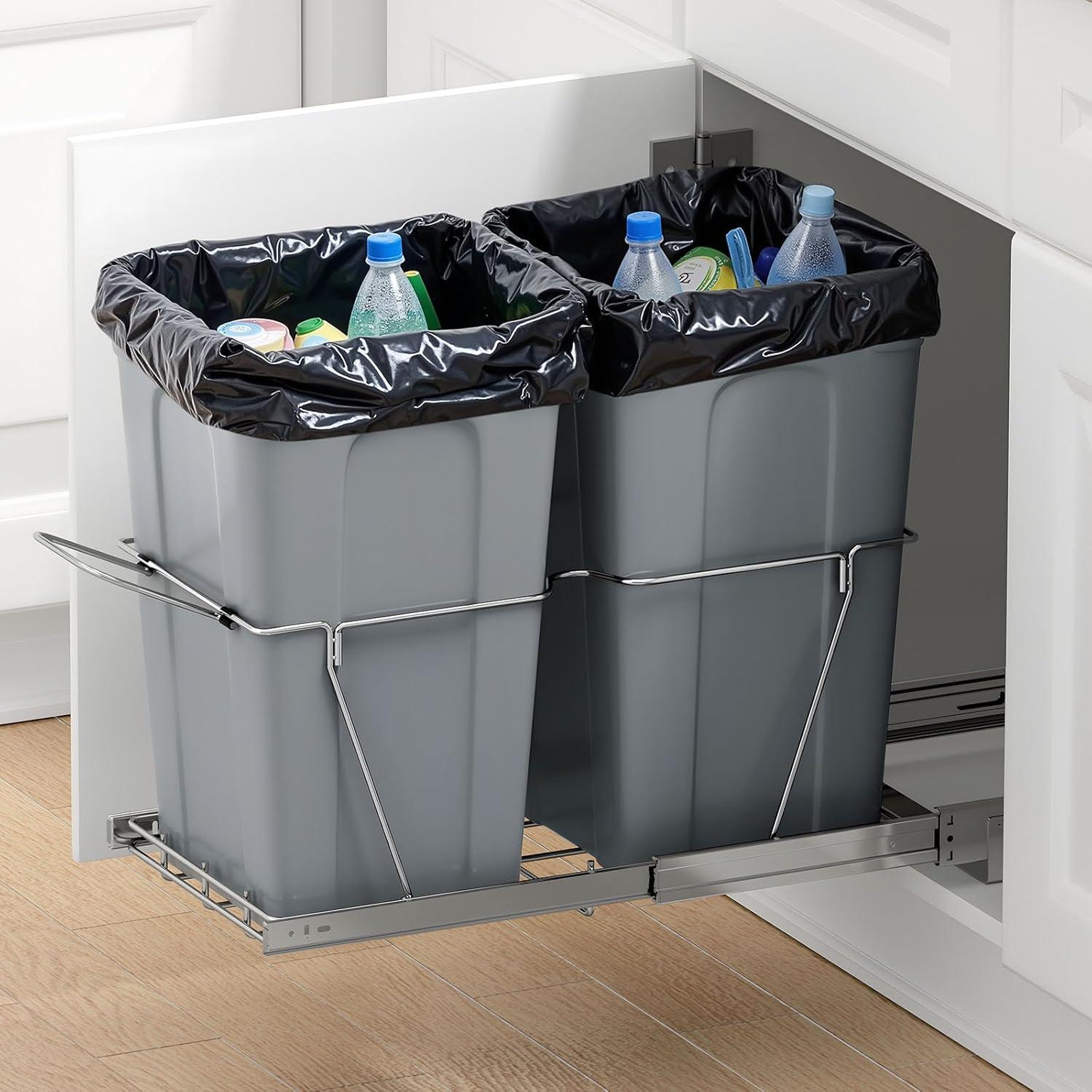 imageVEVOR PullOut Trash Can 27 QT x2 Double Under Mount Kitchen Waste Container Heavy Duty Garbage Recycling Bin with Door Kit and Soft Close Slide for Kitchen Cabinet Sink Under Counter Grey54QT27QTx2