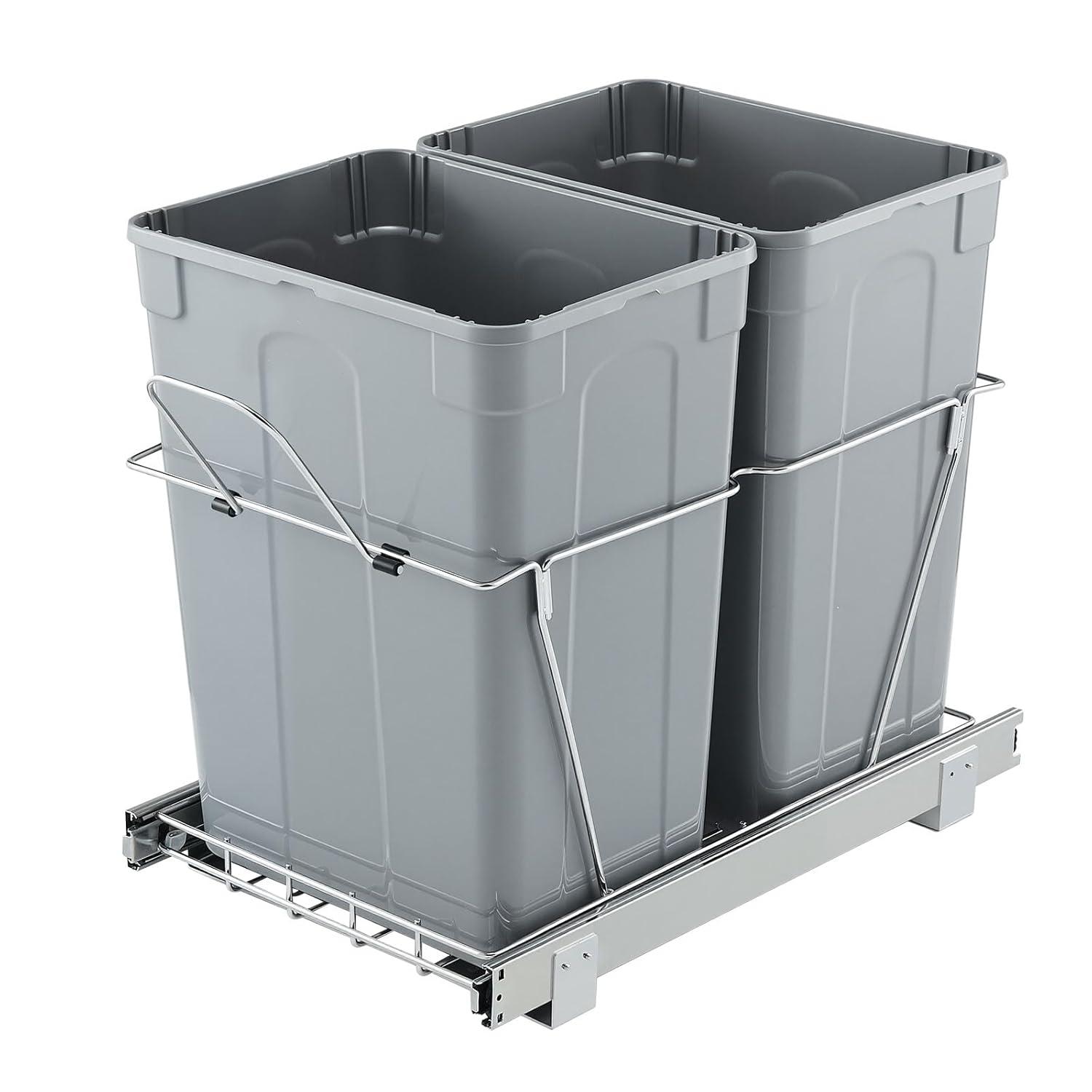 imageVEVOR PullOut Trash Can 27 QT x2 Double Under Mount Kitchen Waste Container Heavy Duty Garbage Recycling Bin with Door Kit and Soft Close Slide for Kitchen Cabinet Sink Under Counter Grey70QT35QTx2