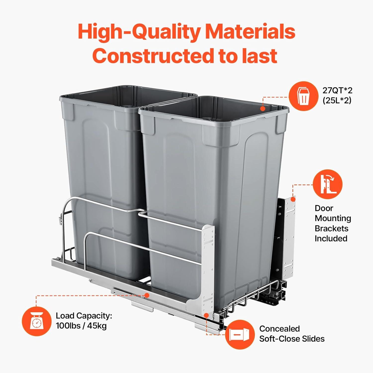 imageVEVOR PullOut Trash Can 27 QT x2 Double Under Mount Kitchen Waste Container Heavy Duty Garbage Recycling Bin with Door Kit and Soft Close Slide for Kitchen Cabinet Sink Under Counter Grey54QT