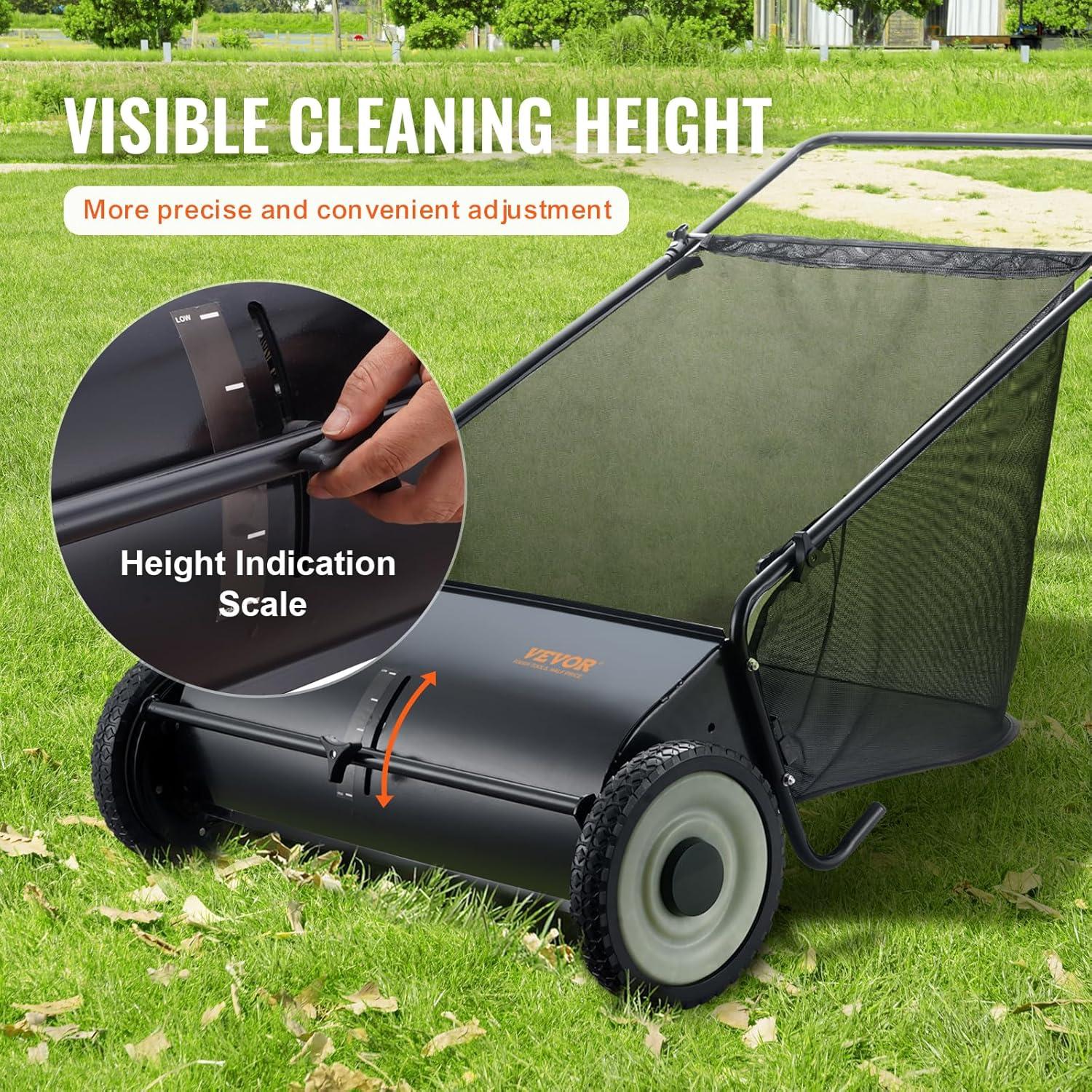 imageVEVOR Push Lawn Sweeper 21inch Leaf ampamp Grass Collector Heavy Duty Thickened Steel Durable to Use with Large Capacity 35 cu ft Mesh Collection Hopper Bag 2 Spinning Brushes26 inch