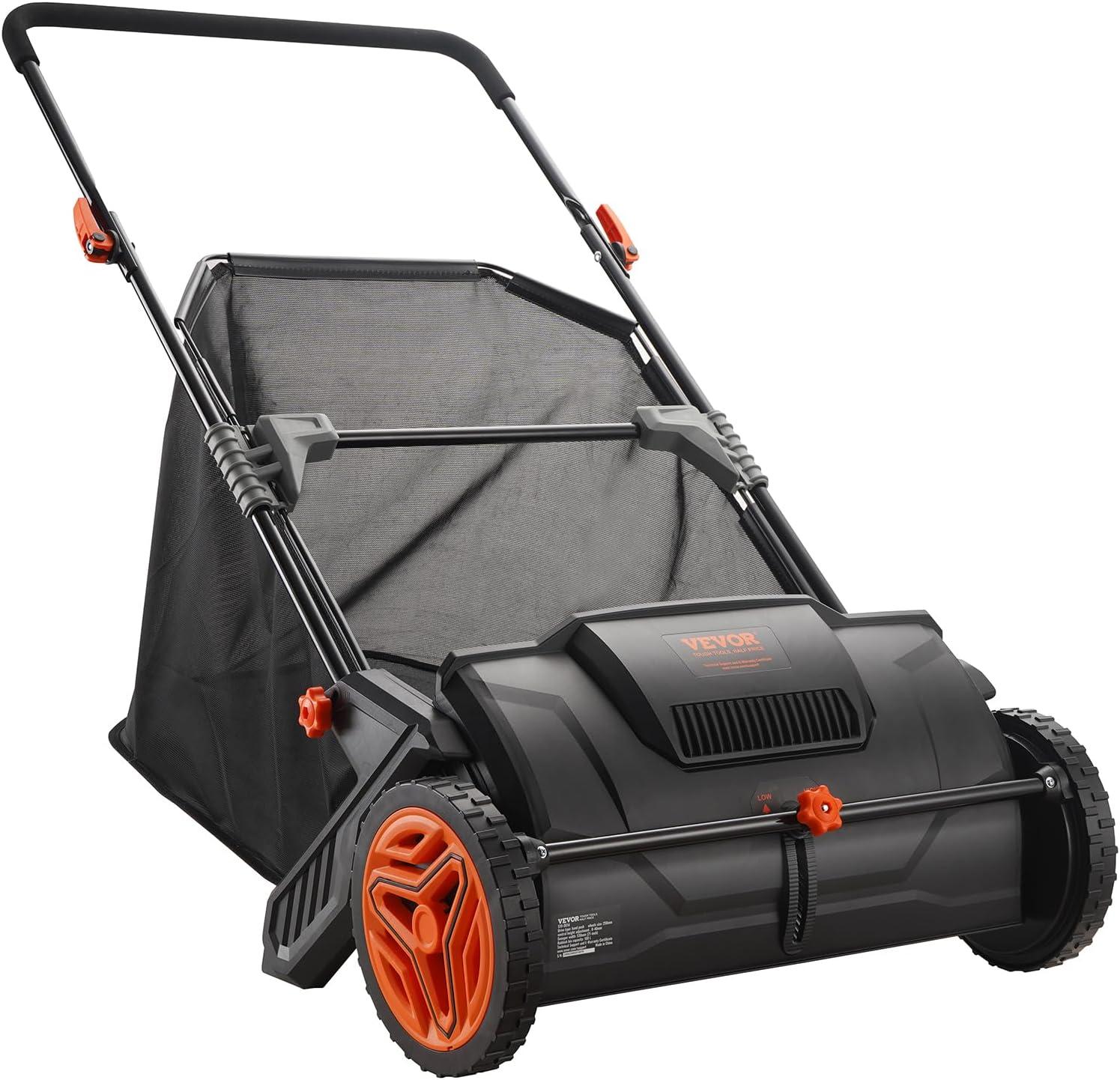 imageVEVOR Push Lawn Sweeper 21inch Leaf ampamp Grass Collector Heavy Duty Thickened Steel Durable to Use with Large Capacity 35 cu ft Mesh Collection Hopper Bag 2 Spinning Brushes21 inch