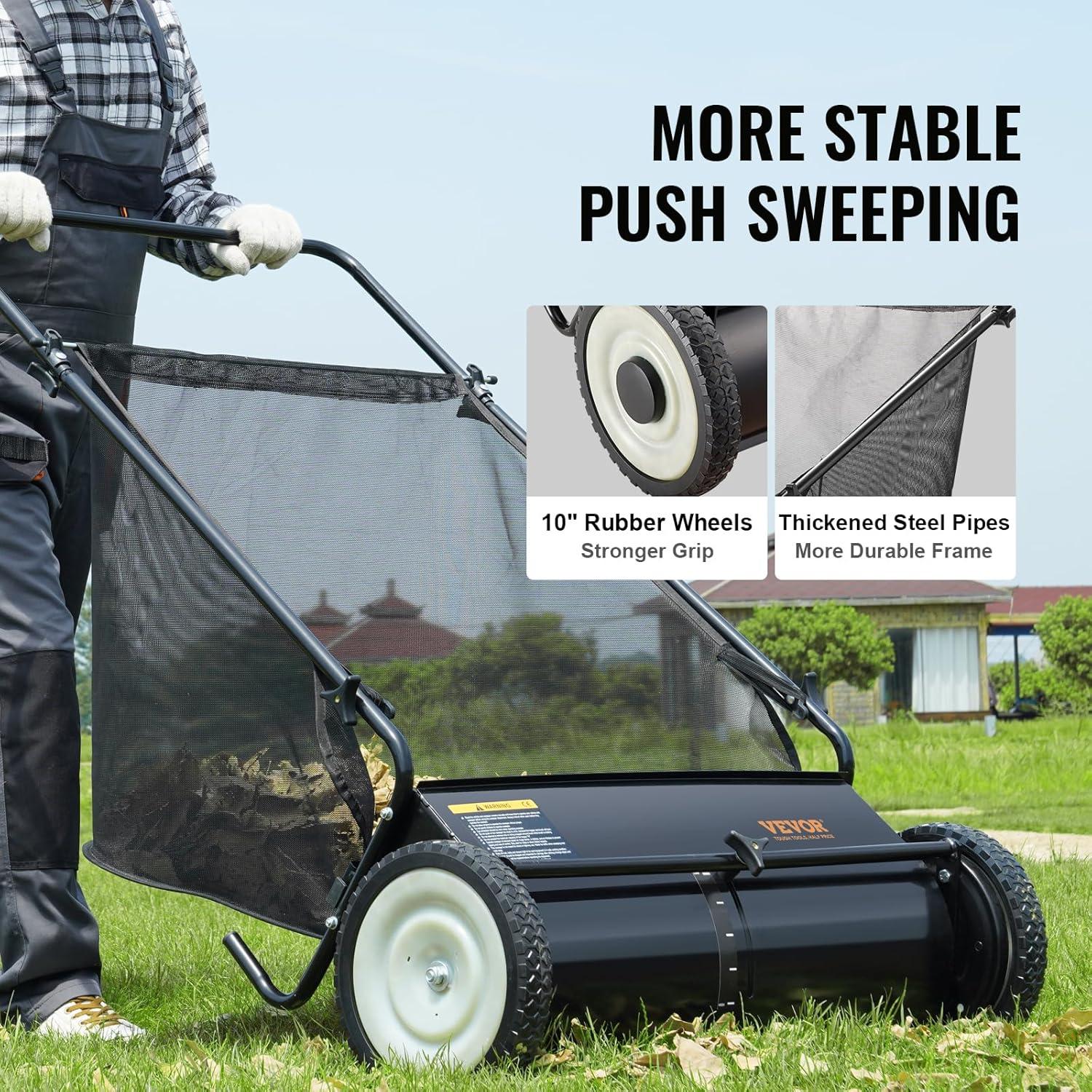 imageVEVOR Push Lawn Sweeper 21inch Leaf ampamp Grass Collector Heavy Duty Thickened Steel Durable to Use with Large Capacity 35 cu ft Mesh Collection Hopper Bag 2 Spinning Brushes26 inch