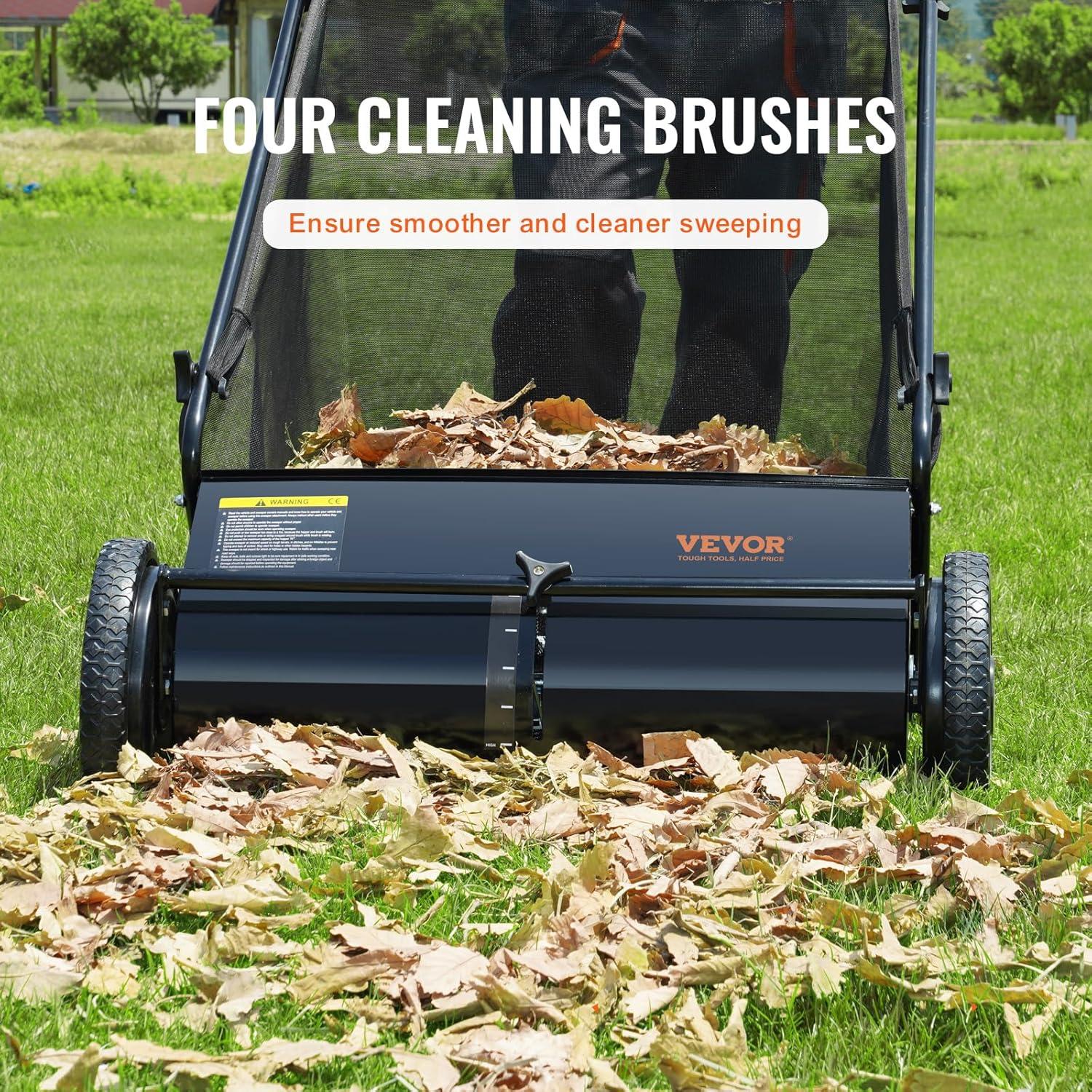 imageVEVOR Push Lawn Sweeper 21inch Leaf ampamp Grass Collector Heavy Duty Thickened Steel Durable to Use with Large Capacity 35 cu ft Mesh Collection Hopper Bag 2 Spinning Brushes26 inch