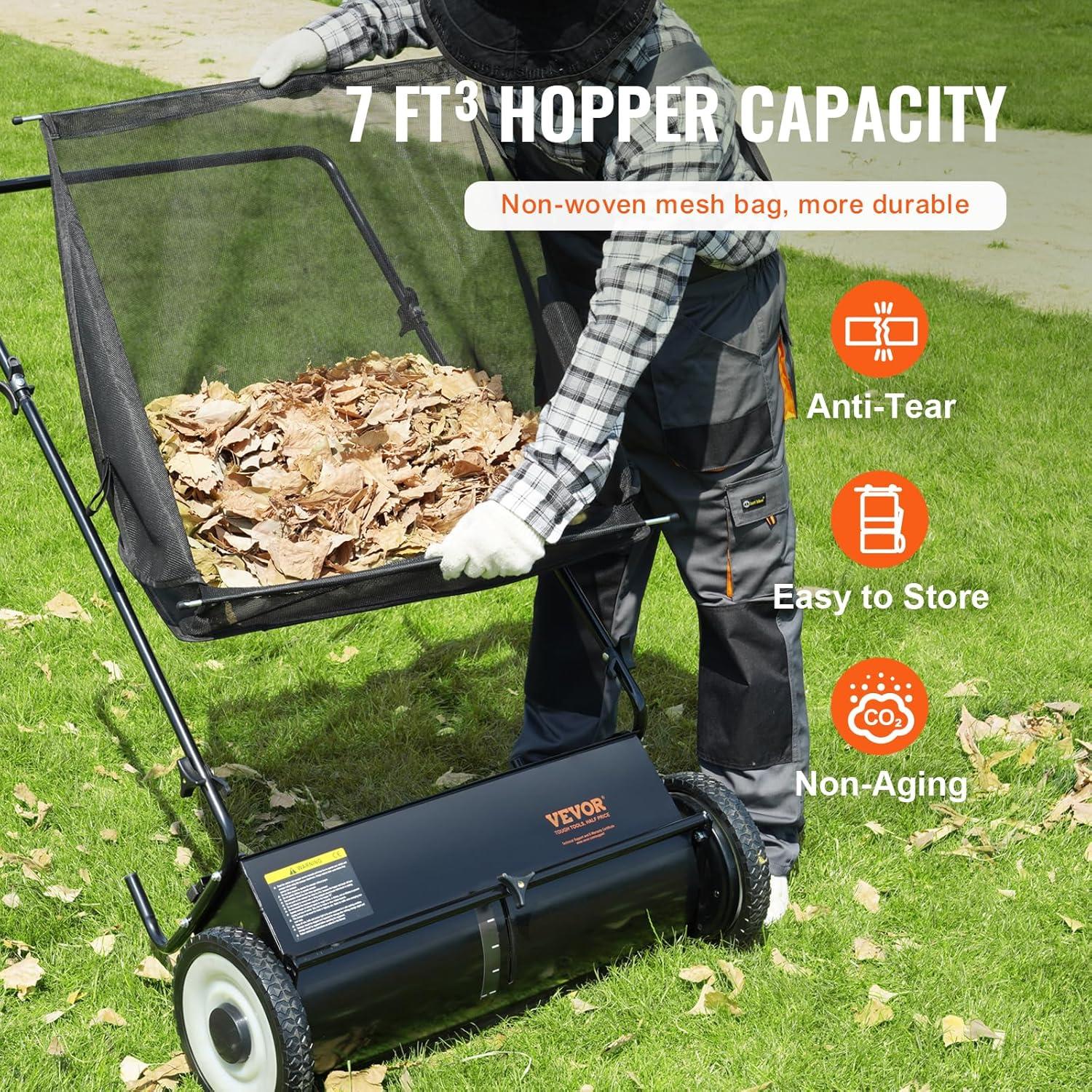 imageVEVOR Push Lawn Sweeper 21inch Leaf ampamp Grass Collector Heavy Duty Thickened Steel Durable to Use with Large Capacity 35 cu ft Mesh Collection Hopper Bag 2 Spinning Brushes26 inch