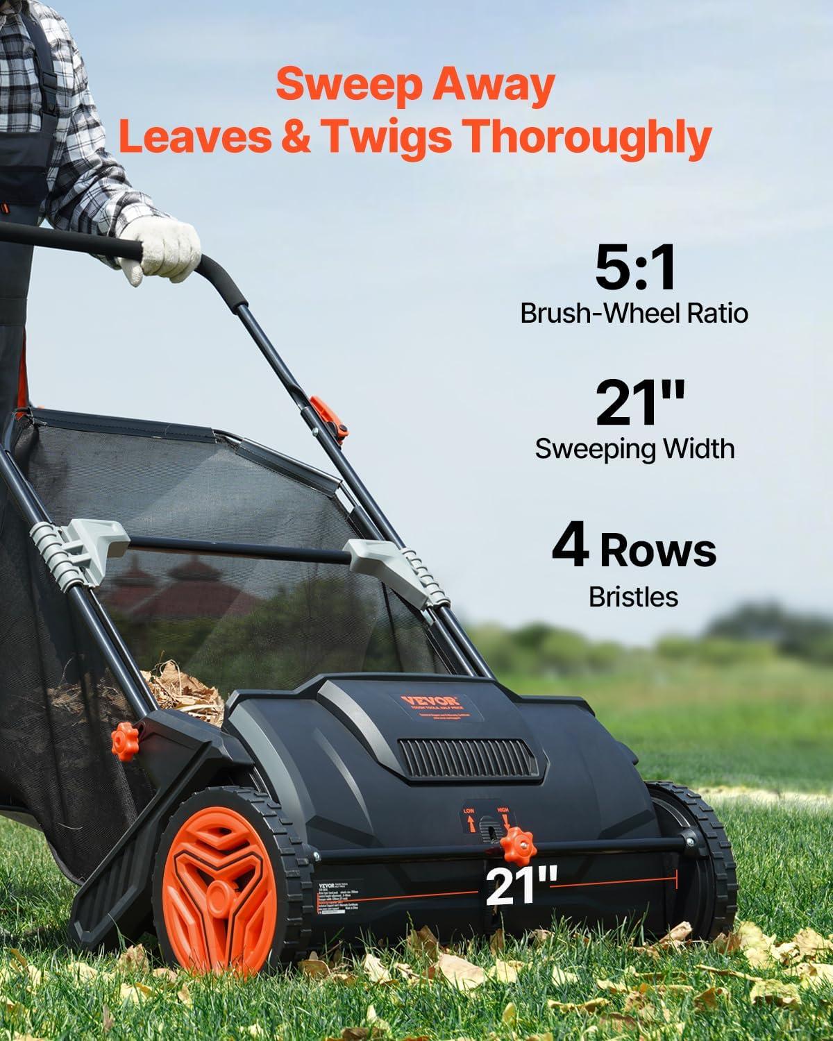 imageVEVOR Push Lawn Sweeper 21inch Leaf ampamp Grass Collector Heavy Duty Thickened Steel Durable to Use with Large Capacity 35 cu ft Mesh Collection Hopper Bag 2 Spinning Brushes21 inch