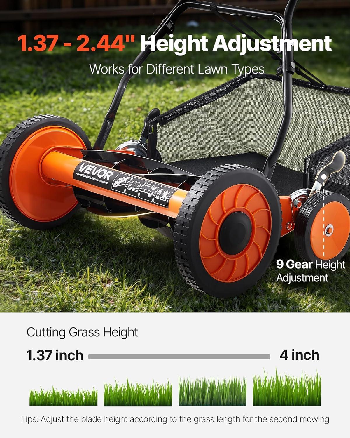 imageVEVOR Push Reel Lawn Mower 14 inch 5 Blades Manual Push Mower No Motor 06175 in Adjustable Cutting Height WalkBehind Lawn Mowers with Grass Catcher Bag for Green Lawns Driveways Courtyards18 inch