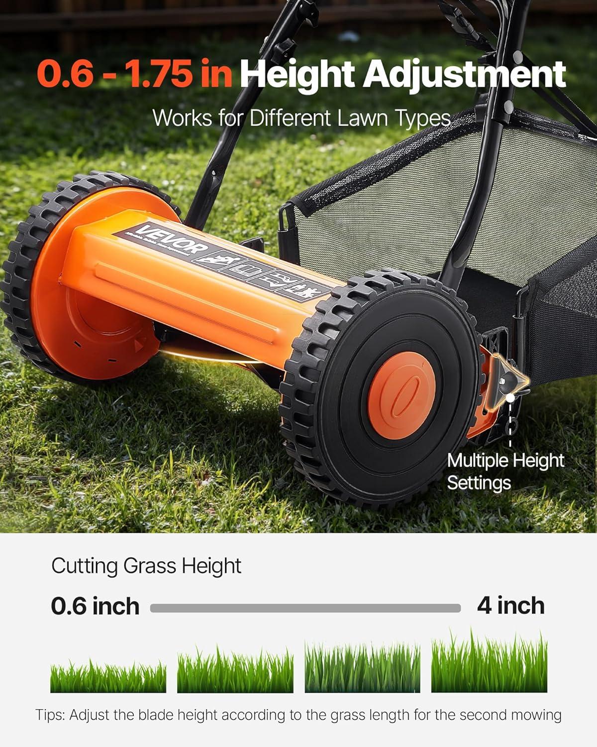 imageVEVOR Push Reel Lawn Mower 14 inch 5 Blades Manual Push Mower No Motor 06175 in Adjustable Cutting Height WalkBehind Lawn Mowers with Grass Catcher Bag for Green Lawns Driveways Courtyards14 inch