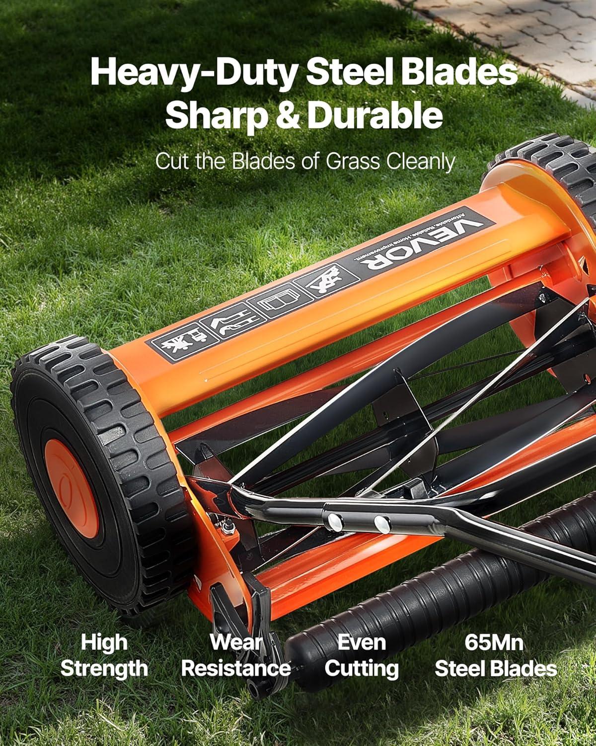 imageVEVOR Push Reel Lawn Mower 14 inch 5 Blades Manual Push Mower No Motor 06175 in Adjustable Cutting Height WalkBehind Lawn Mowers with Grass Catcher Bag for Green Lawns Driveways Courtyards14 inch