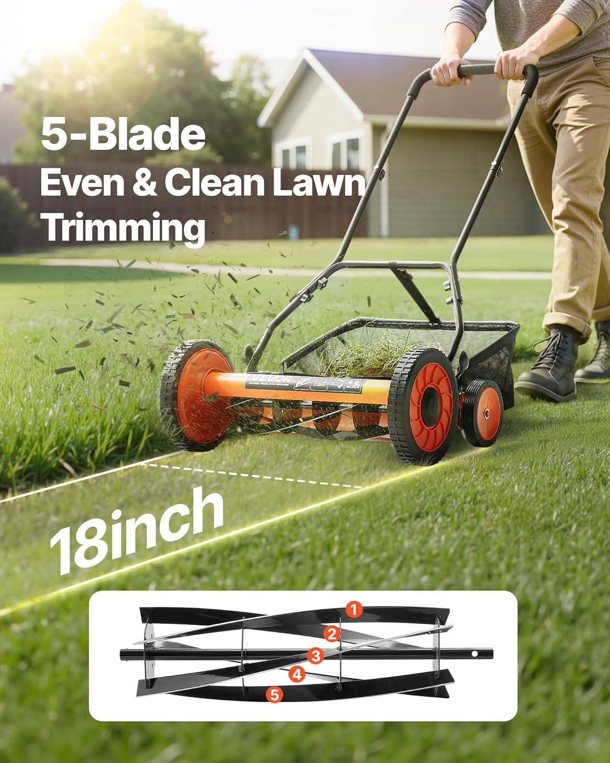 imageVEVOR Push Reel Lawn Mower 14 inch 5 Blades Manual Push Mower No Motor 06175 in Adjustable Cutting Height WalkBehind Lawn Mowers with Grass Catcher Bag for Green Lawns Driveways Courtyards18 inch