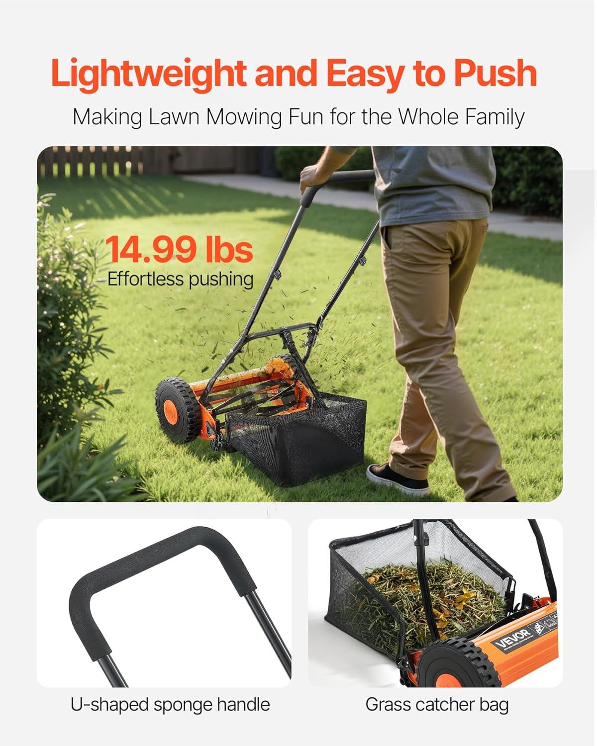 imageVEVOR Push Reel Lawn Mower 14 inch 5 Blades Manual Push Mower No Motor 06175 in Adjustable Cutting Height WalkBehind Lawn Mowers with Grass Catcher Bag for Green Lawns Driveways Courtyards16 inch