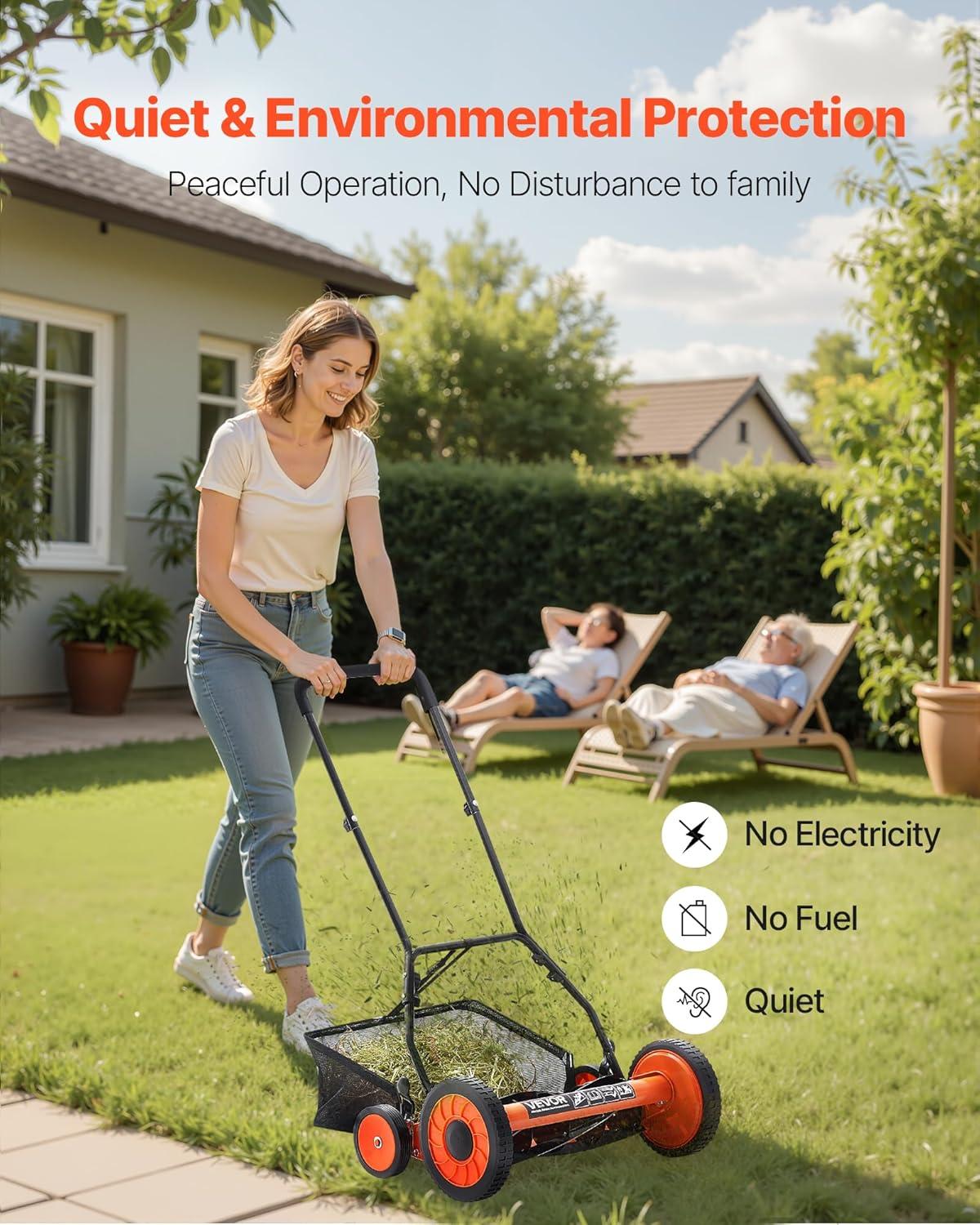 imageVEVOR Push Reel Lawn Mower 14 inch 5 Blades Manual Push Mower No Motor 06175 in Adjustable Cutting Height WalkBehind Lawn Mowers with Grass Catcher Bag for Green Lawns Driveways Courtyards18 inch