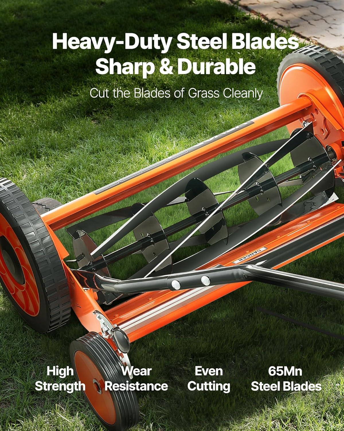 imageVEVOR Push Reel Lawn Mower 14 inch 5 Blades Manual Push Mower No Motor 06175 in Adjustable Cutting Height WalkBehind Lawn Mowers with Grass Catcher Bag for Green Lawns Driveways Courtyards18 inch