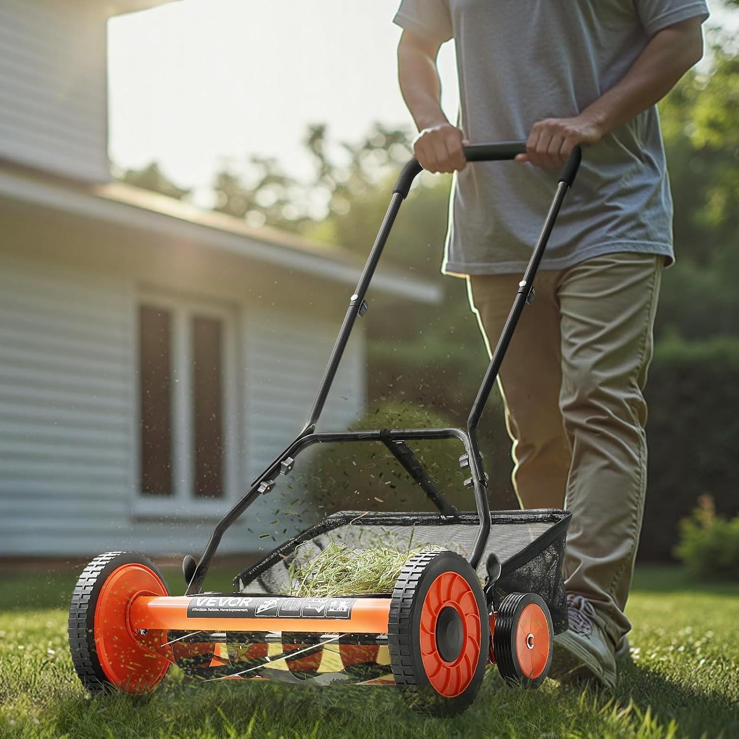 imageVEVOR Push Reel Lawn Mower 14 inch 5 Blades Manual Push Mower No Motor 06175 in Adjustable Cutting Height WalkBehind Lawn Mowers with Grass Catcher Bag for Green Lawns Driveways Courtyards18 inch