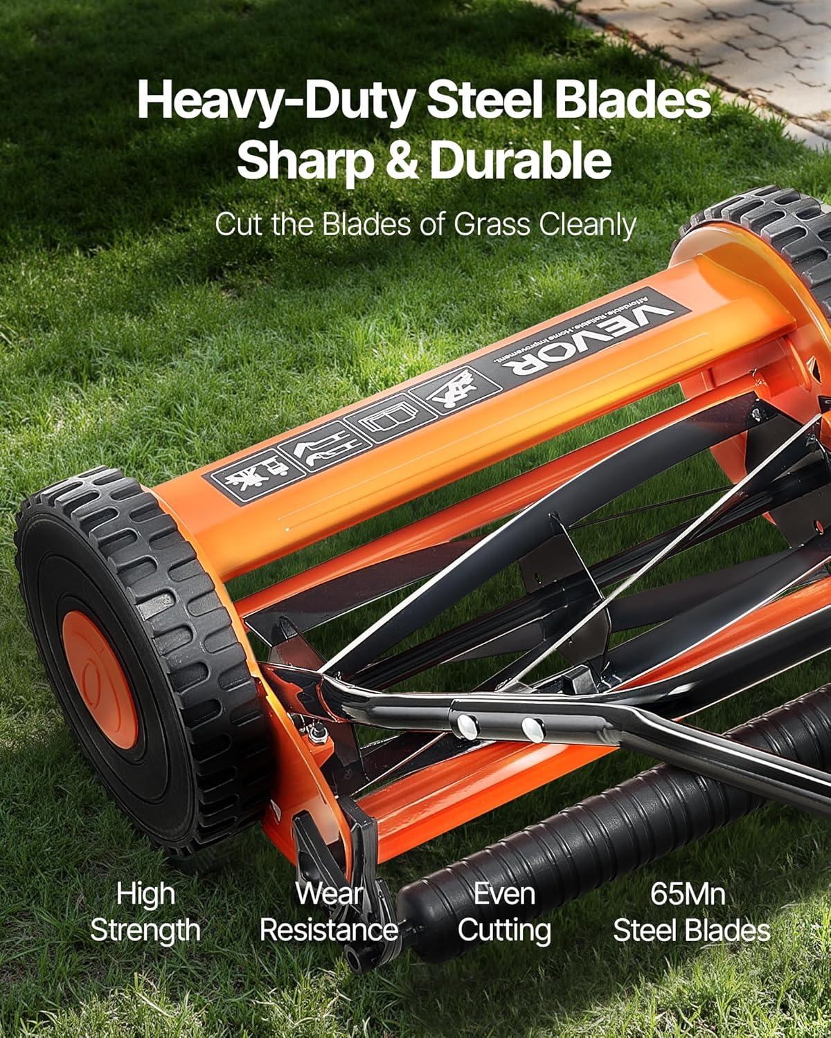 imageVEVOR Push Reel Lawn Mower 14 inch 5 Blades Manual Push Mower No Motor 06175 in Adjustable Cutting Height WalkBehind Lawn Mowers with Grass Catcher Bag for Green Lawns Driveways Courtyards16 inch