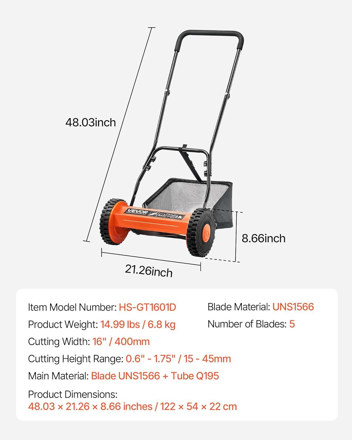 imageVEVOR Push Reel Lawn Mower 14 inch 5 Blades Manual Push Mower No Motor 06175 in Adjustable Cutting Height WalkBehind Lawn Mowers with Grass Catcher Bag for Green Lawns Driveways Courtyards16 inch