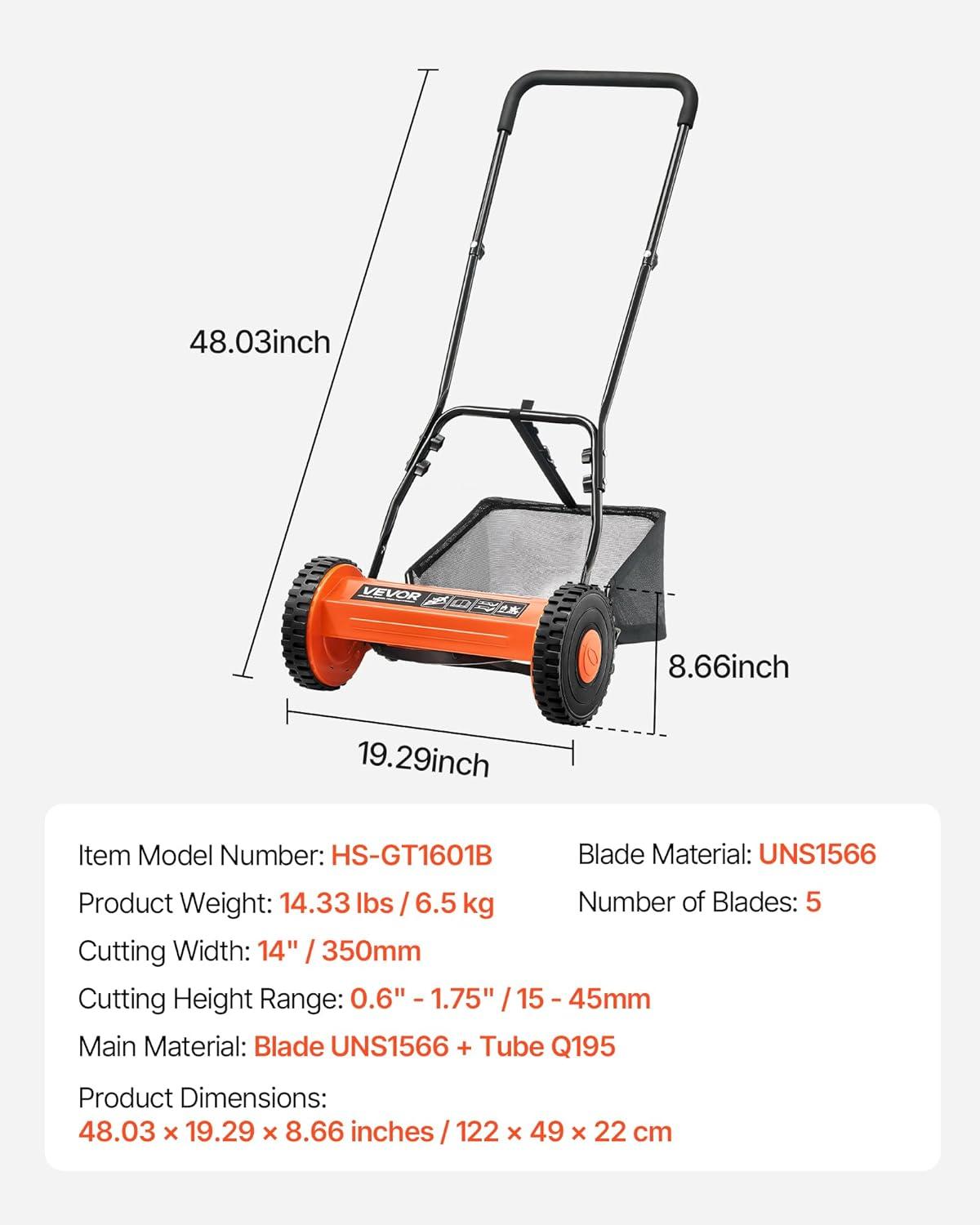imageVEVOR Push Reel Lawn Mower 14 inch 5 Blades Manual Push Mower No Motor 06175 in Adjustable Cutting Height WalkBehind Lawn Mowers with Grass Catcher Bag for Green Lawns Driveways Courtyards14 inch