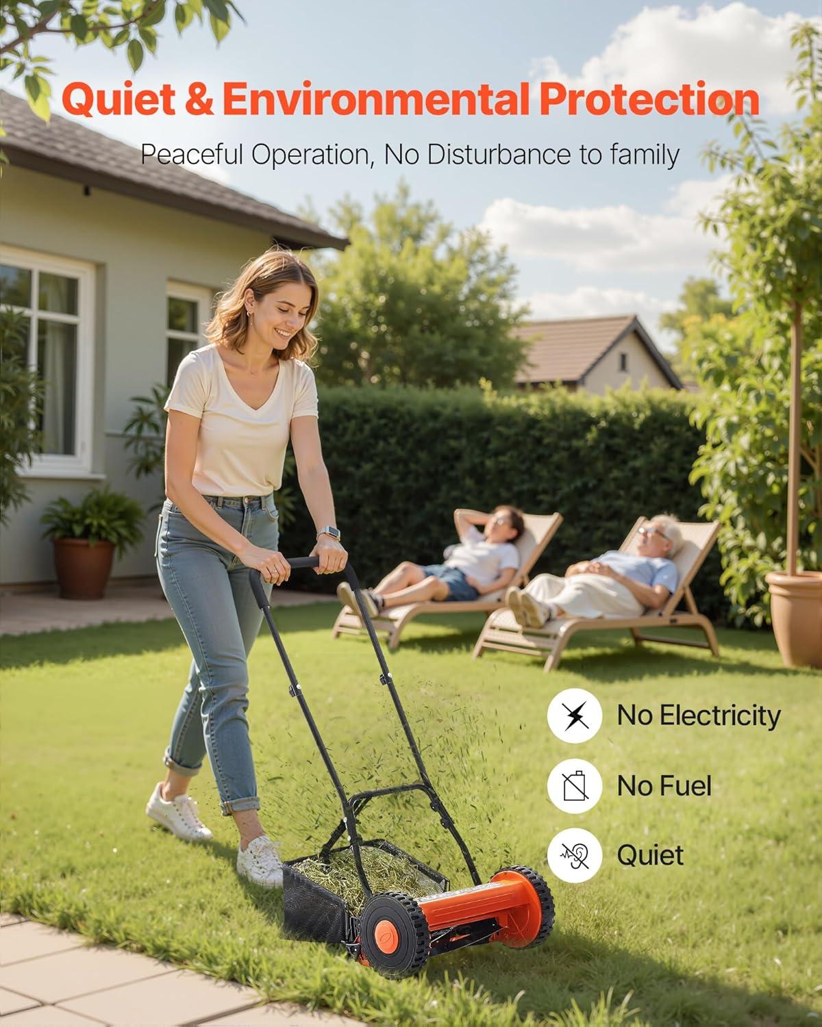 imageVEVOR Push Reel Lawn Mower 14 inch 5 Blades Manual Push Mower No Motor 06175 in Adjustable Cutting Height WalkBehind Lawn Mowers with Grass Catcher Bag for Green Lawns Driveways Courtyards14 inch