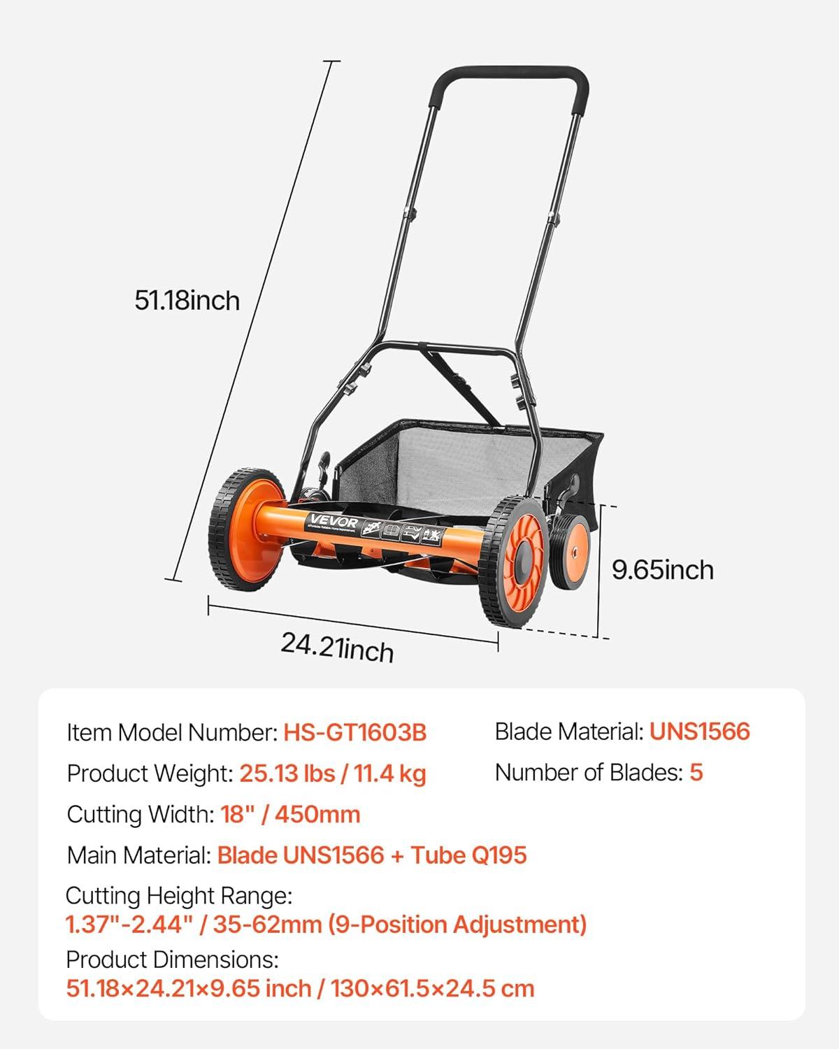 imageVEVOR Push Reel Lawn Mower 14 inch 5 Blades Manual Push Mower No Motor 06175 in Adjustable Cutting Height WalkBehind Lawn Mowers with Grass Catcher Bag for Green Lawns Driveways Courtyards18 inch