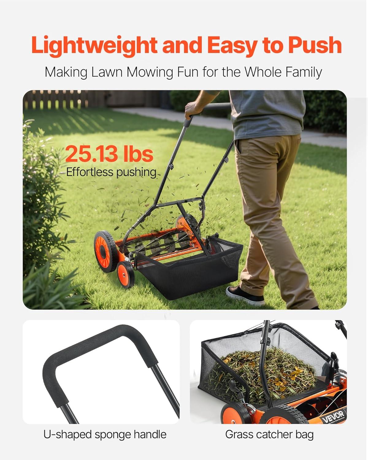 imageVEVOR Push Reel Lawn Mower 14 inch 5 Blades Manual Push Mower No Motor 06175 in Adjustable Cutting Height WalkBehind Lawn Mowers with Grass Catcher Bag for Green Lawns Driveways Courtyards18 inch