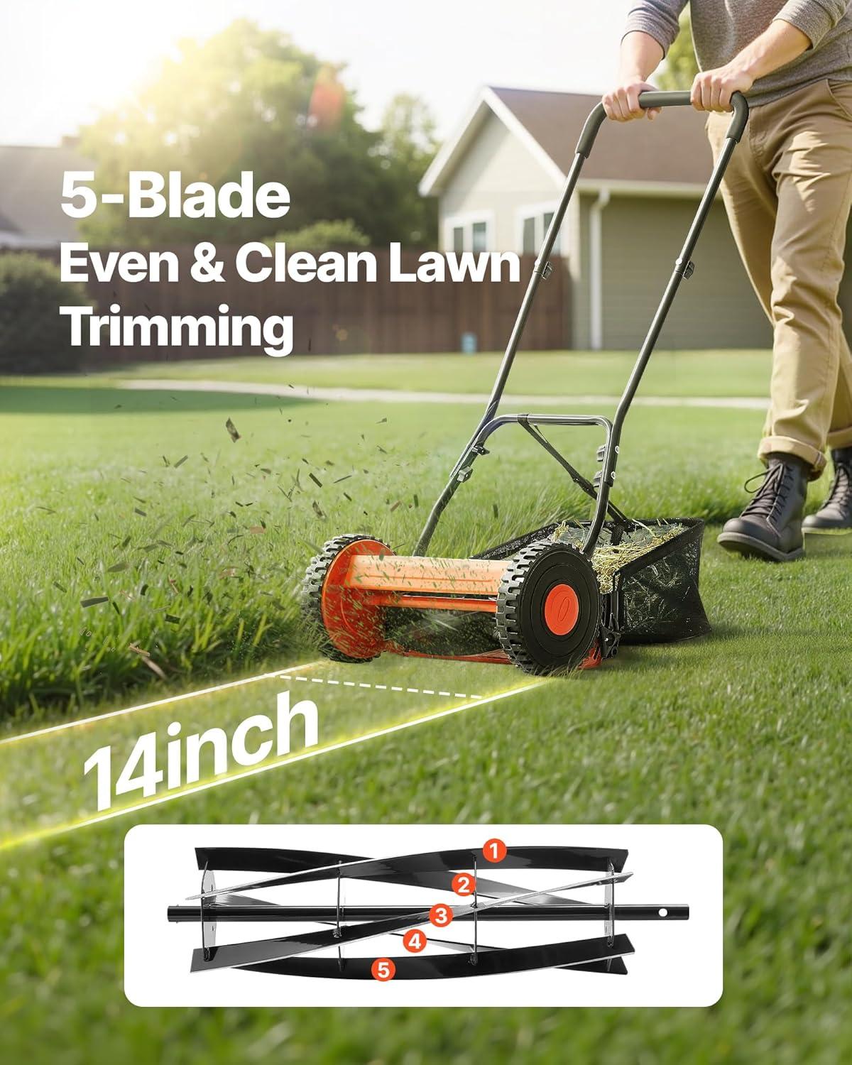 imageVEVOR Push Reel Lawn Mower 14 inch 5 Blades Manual Push Mower No Motor 06175 in Adjustable Cutting Height WalkBehind Lawn Mowers with Grass Catcher Bag for Green Lawns Driveways Courtyards14 inch