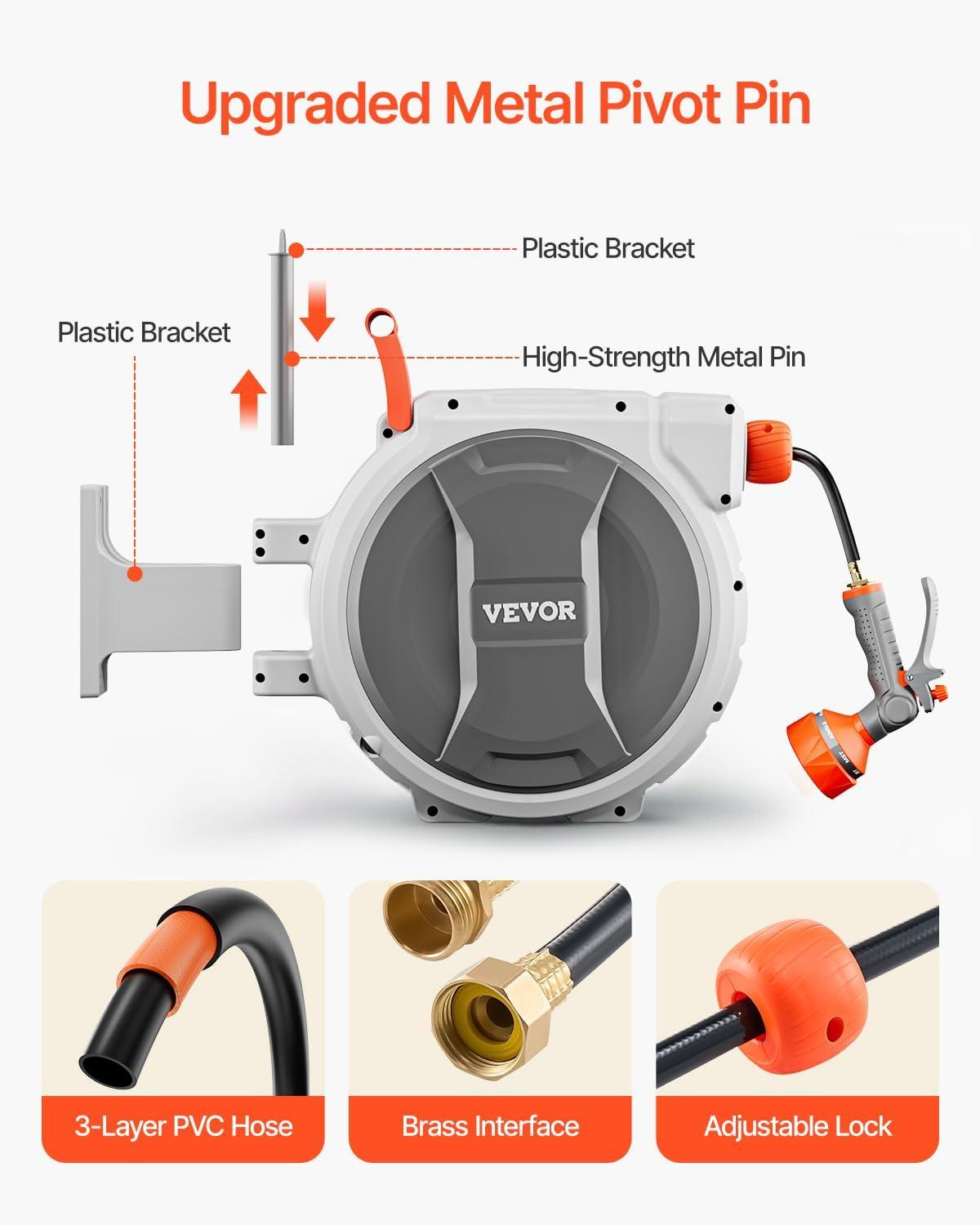 imageVEVOR Retractable Garden Hose Reel 12 Inch x 65 ft Wall Mounted Heavy Duty Garden Hose Reel with 9 Patterns Nozzle Any Length Lock Upgraded Slow Return System and 180Swivel Bracket84ft