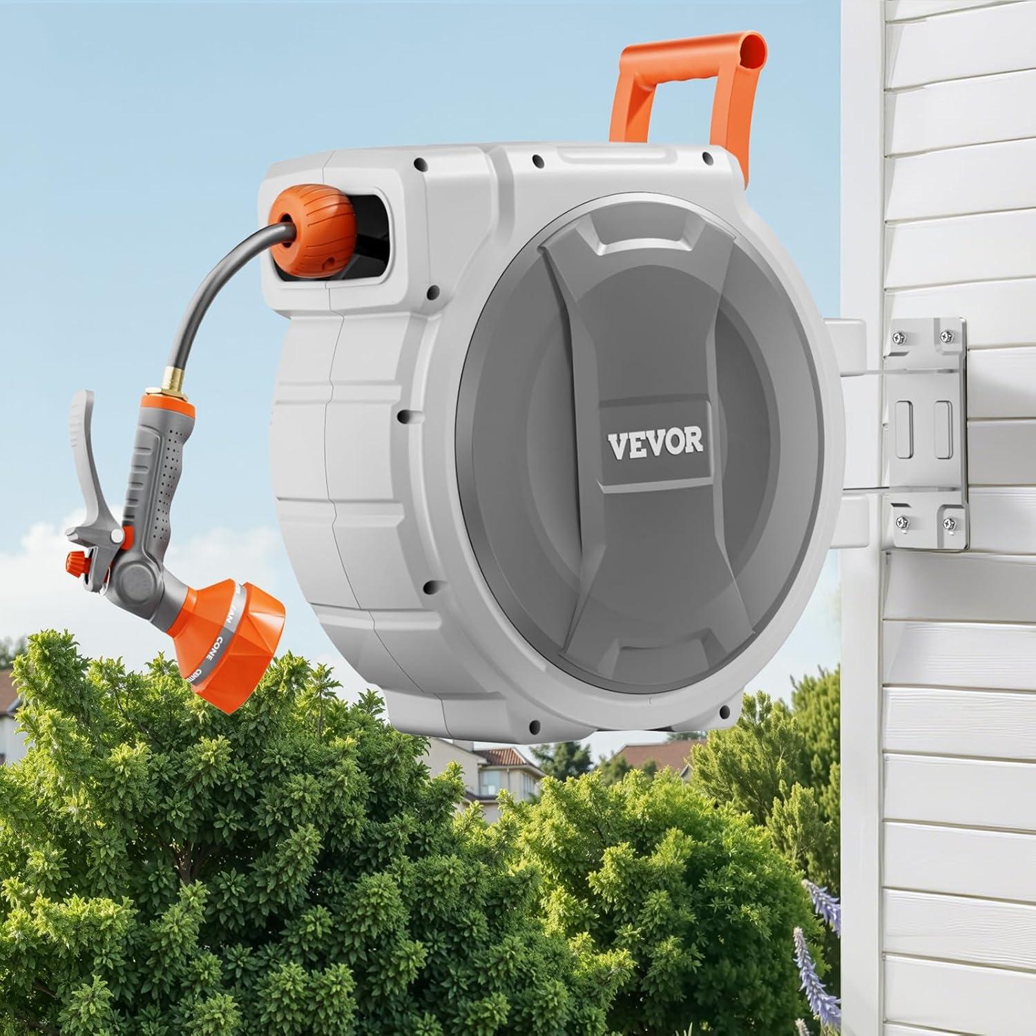 imageVEVOR Retractable Garden Hose Reel 12 Inch x 65 ft Wall Mounted Heavy Duty Garden Hose Reel with 9 Patterns Nozzle Any Length Lock Upgraded Slow Return System and 180Swivel Bracket100ft