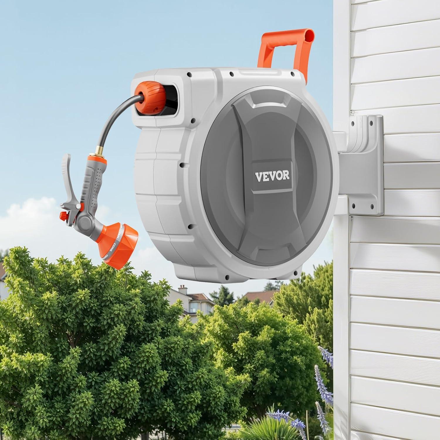 imageVEVOR Retractable Garden Hose Reel 12 Inch x 65 ft Wall Mounted Heavy Duty Garden Hose Reel with 9 Patterns Nozzle Any Length Lock Upgraded Slow Return System and 180Swivel Bracket84ft